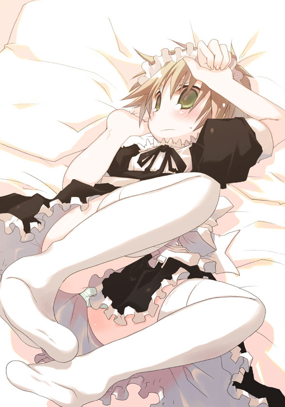 kosori (dennoukitan), yuugi, united kingdom (hetalia), axis powers hetalia, 1boy, bad anatomy, bad feet, blonde hair, blush, crossdressing, crossdressing (mtf), dress, feet, green eyes, maid, male focus, male maid, panties, poorly drawn, socks, solo, thighhighs, trap, underwear