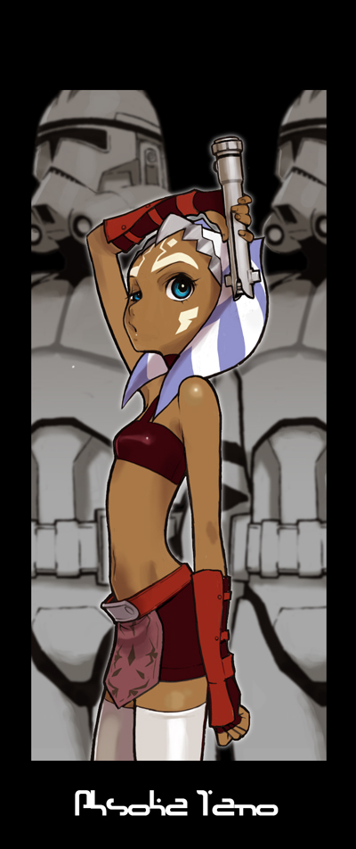 abe jun, ahsoka tano, clone trooper, togruta, clone wars, star wars, star wars: the clone wars, framed, striped, visor, bad id, bad pixiv id, long image, tall image, 1girl, 2boys, :o, alien, arm up, armor, bare shoulders, blue eyes, breasts, character name, clenched hand, clone, crop top, dark-skinned female, dark skin, elbow gloves, energy sword, facial mark, fingerless gloves, flat chest, forehead mark, full armor, gloves, halterneck, helmet, holding, jedi, lightsaber, loincloth, loli, looking at viewer, looking back, midriff, miniskirt, multiple boys, narrow waist, navel, open mouth, science fiction, skirt, small breasts, squinting, standing, sword, tattoo, tentacle hair, thighhighs, turtleneck, uneven eyes, vambraces, weapon, white thighhighs, zettai ryouiki