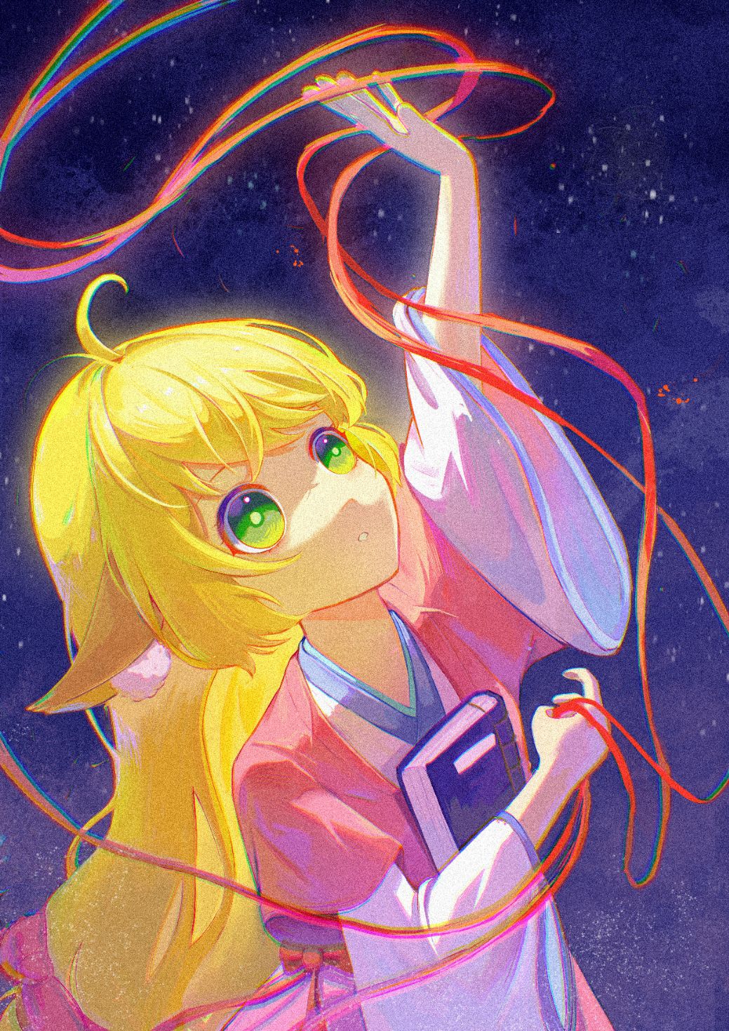 awsj7858, tushan susu, fox spirit matchmaker, commentary request, highres, 1girl, ahoge, animal ear fluff, animal ears, arm up, blonde hair, book, bright pupils, chromatic aberration, ears down, green eyes, holding, holding book, long hair, parted lips, red ribbon, ribbon, shadow, solo, white pupils