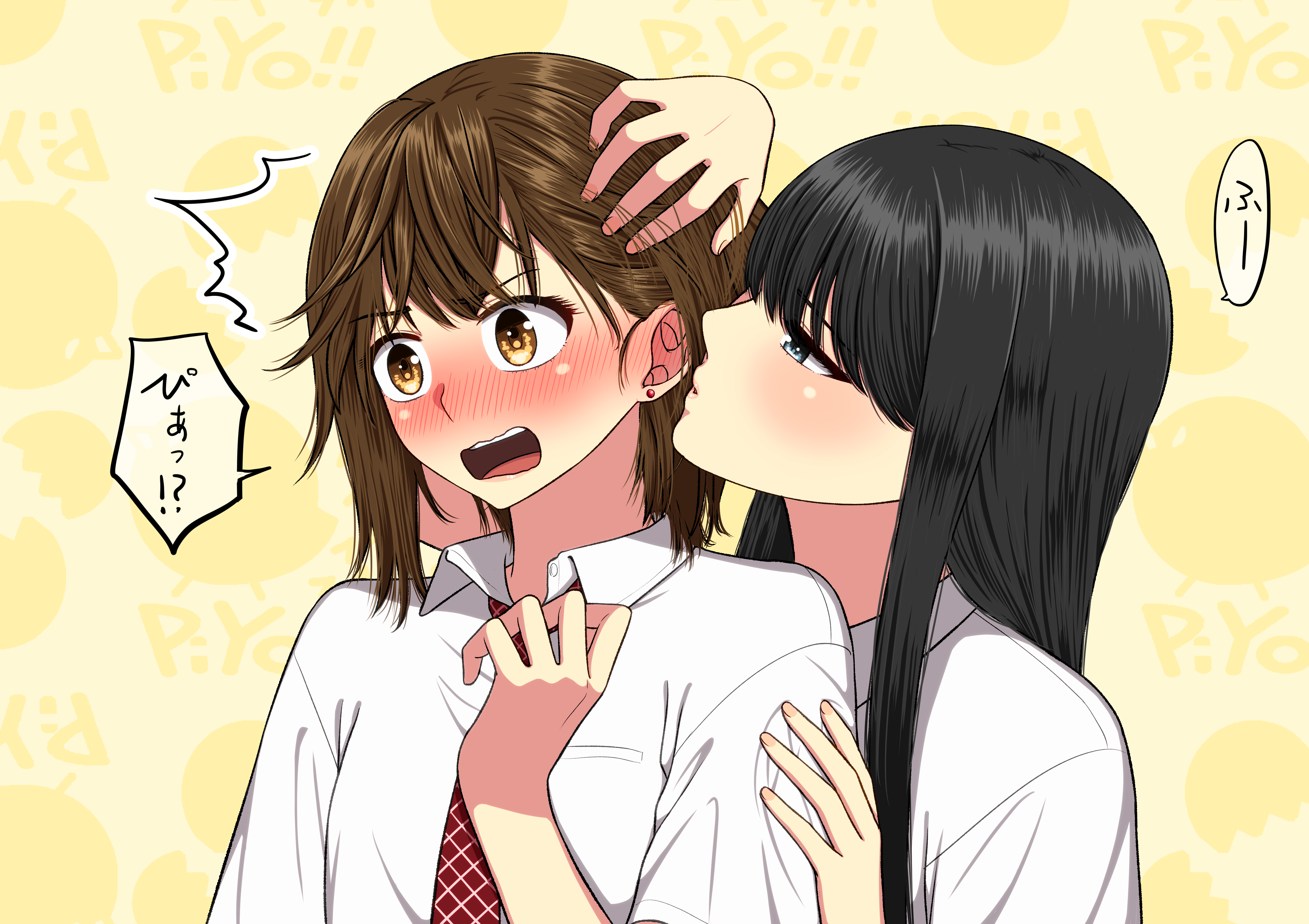 ryuusa, original, absurdres, commentary request, highres, translation request, 2girls, black hair, blowing in ear, blue eyes, blush, brown eyes, brown hair, collared shirt, earrings, jewelry, long hair, multiple girls, necktie, open mouth, red necktie, school uniform, shirt, short hair, speech bubble, stud earrings, white shirt, yellow background, yuri