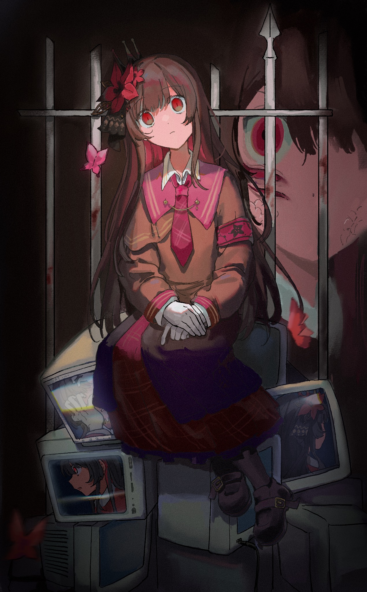 nikaido hiro, mahou shoujo no majo saiban, chinese commentary, commentary request, highres, spoilers, 2girls, armband, black background, black hair, black shirt, black shoes, black skirt, blood, closed mouth, collared shirt, crown, dual persona, empty eyes, expressionless, flower, full body, hair flower, hair ornament, iron bars, long hair, long sleeves, looking at viewer, monitor, multiple girls, necktie, own hands together, red armband, red eyes, red flower, red necktie, shirt, shoes, sitting, skirt, witch (manosaba), yuu (yuul0716)