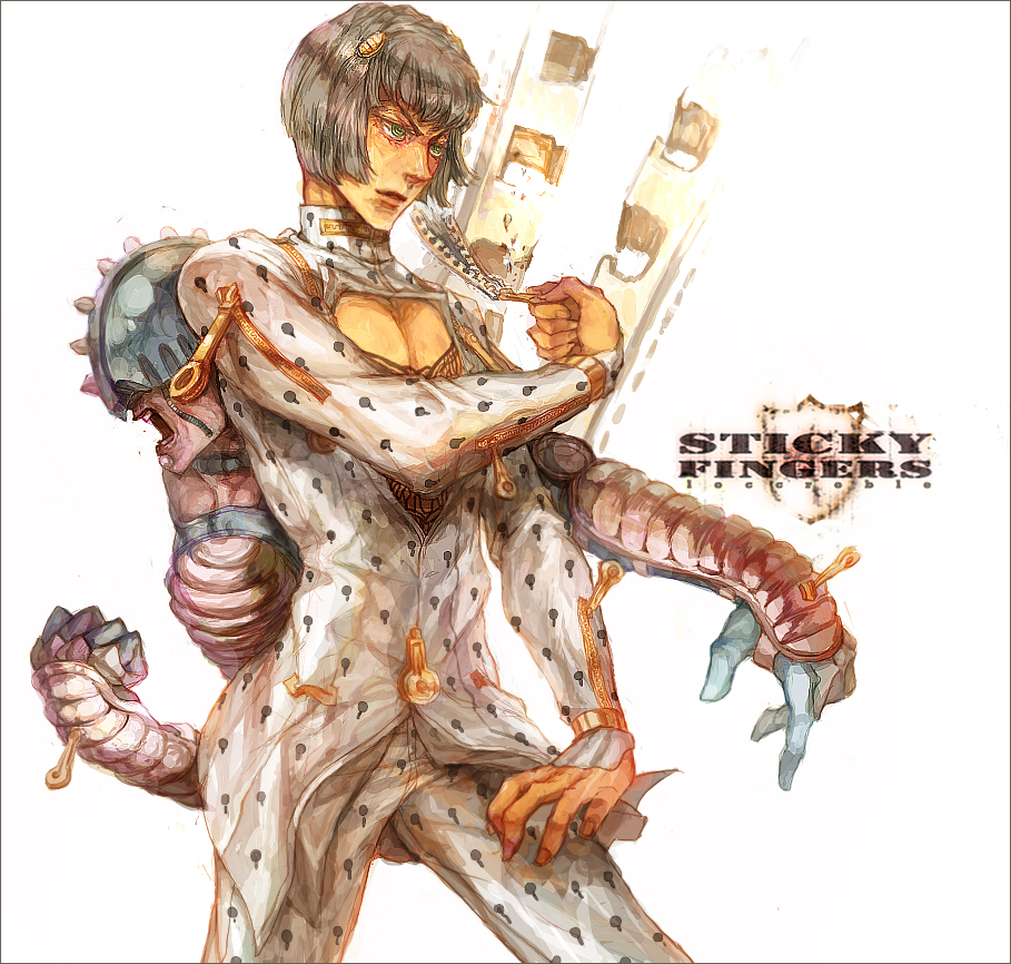 agnesgd, bruno bucciarati, sticky fingers (stand), jojo no kimyou na bouken, vento aureo, bad id, bad pixiv id, 1boy, black hair, green eyes, hair ornament, hairclip, jacket, male focus, pectoral cleavage, pectorals, shouting, stand (jojo), zipper