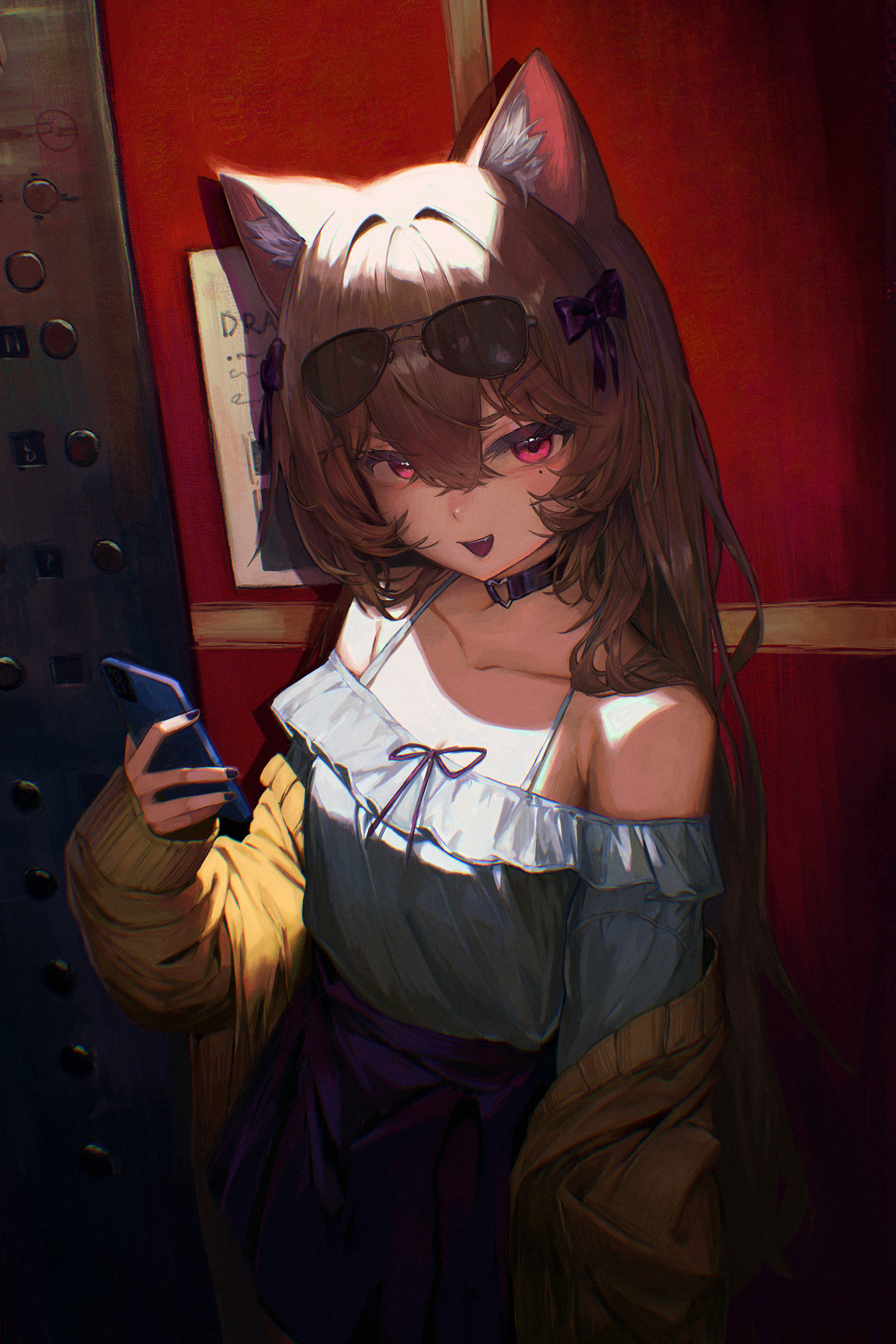 original, absurdres, commentary request, highres, 1girl, animal ear fluff, animal ears, bare shoulders, black nails, breasts, brown hair, cat ears, cat girl, cellphone, choker, drawer bushi huajia, elevator, eyewear on head, fang, hair ribbon, holding, holding phone, jacket, long hair, looking at viewer, mole, mole on cheek, off-shoulder shirt, off shoulder, open clothes, open jacket, open mouth, phone, pink eyes, pleated skirt, ribbon, shirt, skirt, small breasts, smartphone, smile, solo, standing, sunglasses