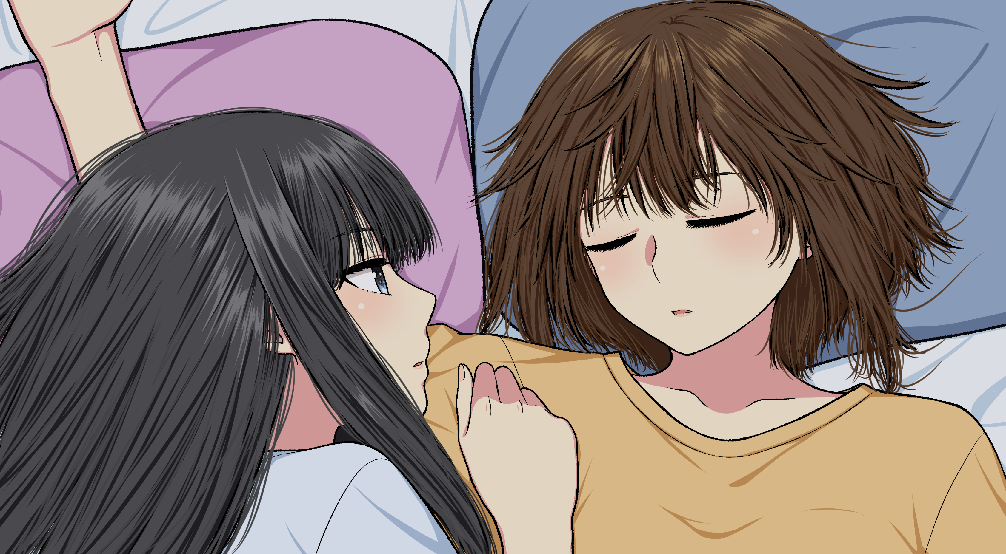 ryuusa, original, absurdres, commentary request, highres, 2girls, black hair, blue eyes, brown hair, closed eyes, cuddling, long hair, looking at another, multiple girls, on bed, parted lips, pillow, shirt, short hair, sleeping, white shirt, yellow shirt, yuri