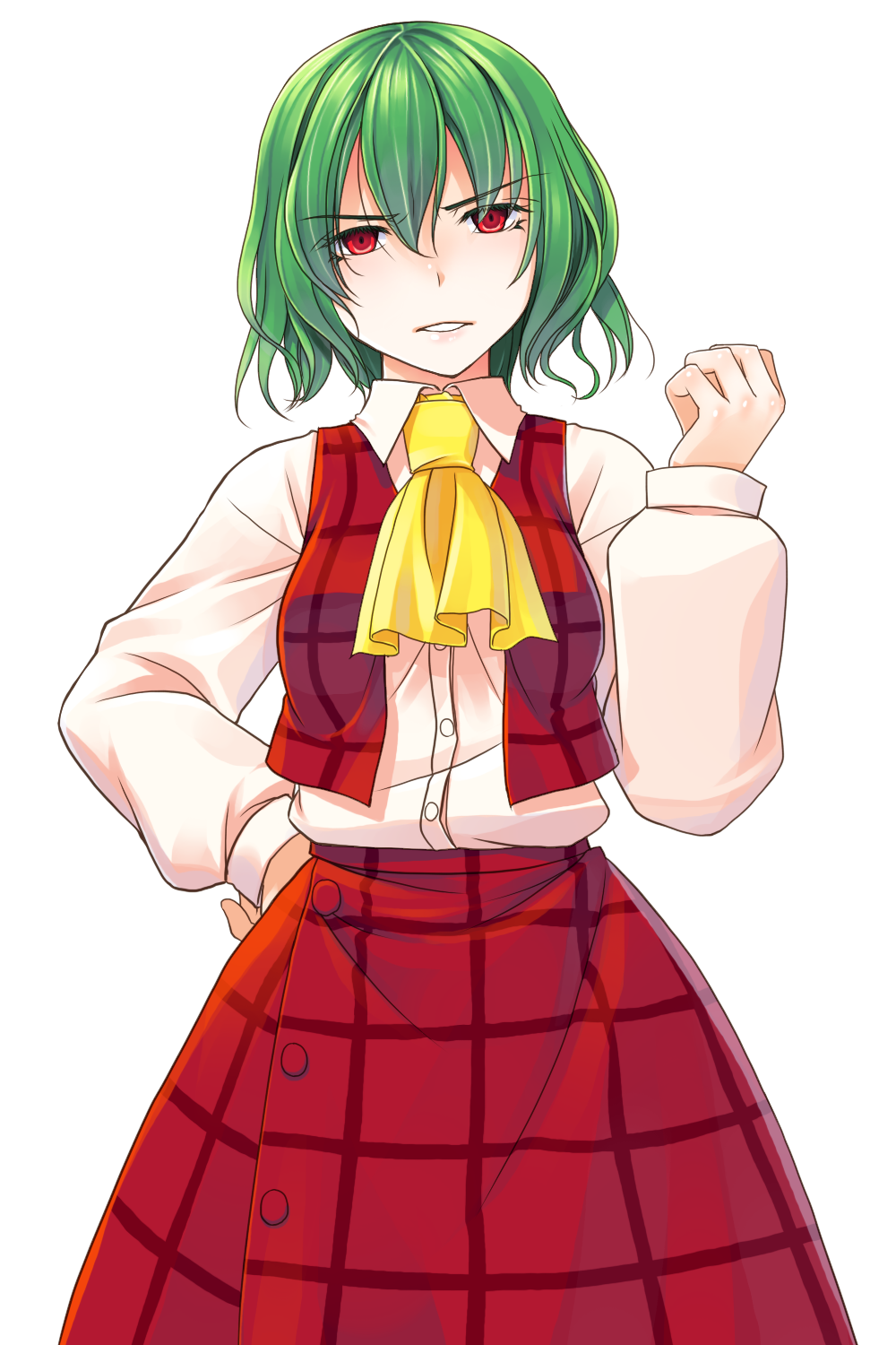 crote, kazami yuuka, touhou, commentary request, highres, large variant set, variant set, 1girl, ascot, buttons, collared shirt, green hair, hair between eyes, half-closed eyes, hand on own hip, hand up, long skirt, long sleeves, looking at viewer, open clothes, open vest, parted lips, plaid clothes, plaid skirt, plaid vest, puffy long sleeves, puffy sleeves, red eyes, red skirt, red vest, sanpaku, shirt, shirt tucked in, short hair, skirt, skirt set, sleeve cuffs, solo, tachi-e, transparent background, v-shaped eyebrows, vest, white shirt, yellow ascot
