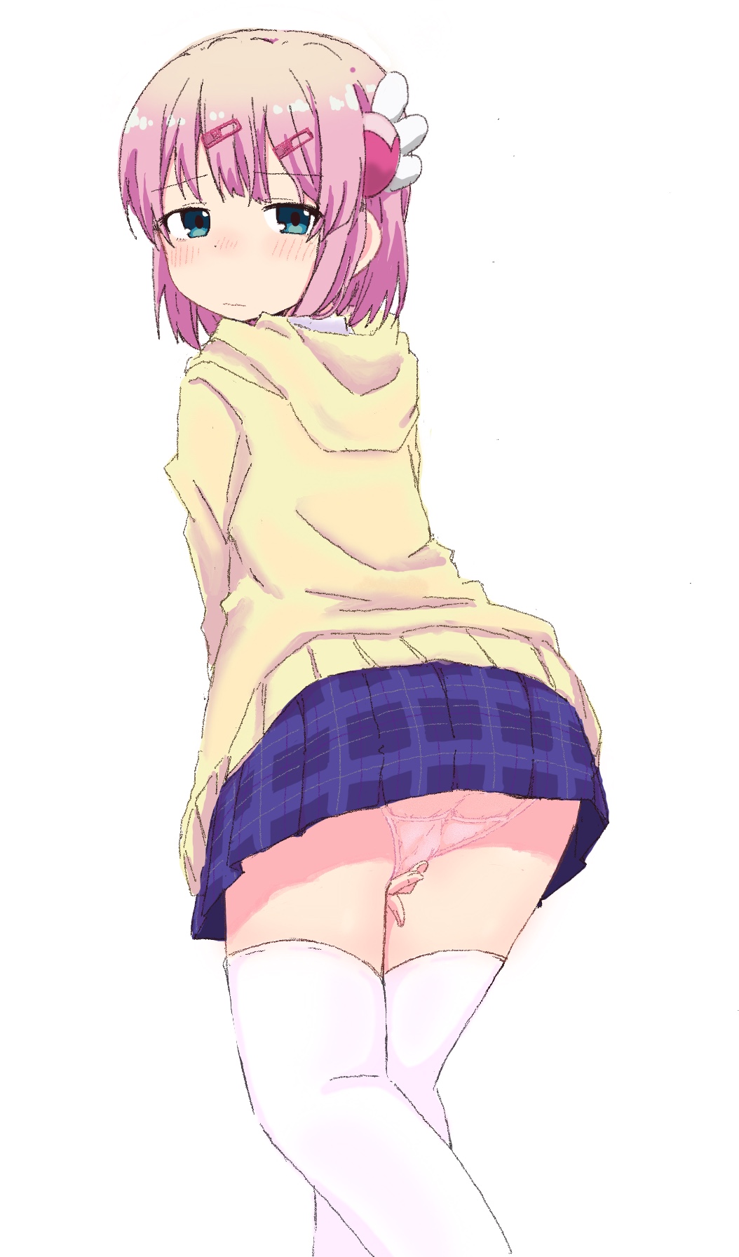 ponnu (tnpn2yw), chiyoda momo, machikado mazoku, 1girl, between legs, blue eyes, blue skirt, blush, embarrassed, female focus, from behind, hair ornament, hairclip, half-closed eyes, hand between legs, have to pee, hood, hood down, hooded jacket, jacket, long sleeves, looking at viewer, looking back, miniskirt, nose blush, panties, pink hair, pink panties, plaid clothes, plaid skirt, pleated skirt, raised eyebrows, school uniform, short hair, sidelocks, skirt, solo, standing, thighhighs, underwear, upskirt, white thighhighs, yellow jacket