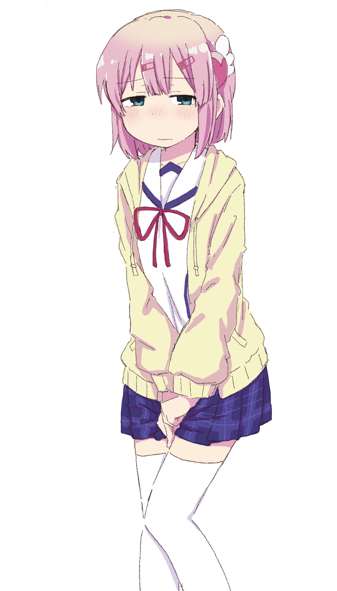 ponnu (tnpn2yw), chiyoda momo, machikado mazoku, 1girl, between legs, blue eyes, blue skirt, blush, closed mouth, drawstring, embarrassed, female focus, hair ornament, hairclip, half-closed eyes, hand between legs, hood, hood down, hooded jacket, jacket, long sleeves, looking at viewer, miniskirt, neck ribbon, nose blush, own hands together, pink hair, plaid clothes, plaid skirt, pleated skirt, pocket, raised eyebrows, red ribbon, ribbon, school uniform, shirt, short hair, sidelocks, skirt, solo, standing, thighhighs, v arms, wavy mouth, white shirt, white thighhighs, yellow jacket