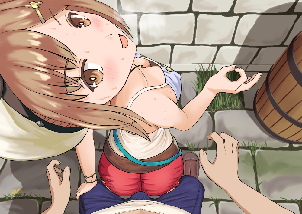 yomamagoto, reisalin stout, atelier (series), atelier ryza, atelier ryza 1, commentary request, 1girl, ass, assertive female, back, belt, beret, blush, breasts, brown belt, brown eyes, brown hair, bulge, buttjob, camisole, cleavage, come hither, downblouse, erection, erection under clothes, from behind, hair ornament, hairclip, hat, holding another's leg, jewelry, large breasts, leather belt, looking at viewer, looking back, necklace, open mouth, pov, red shorts, short hair, short shorts, shorts, sidelocks, smile, standing, star (symbol), star necklace, white camisole, white hat