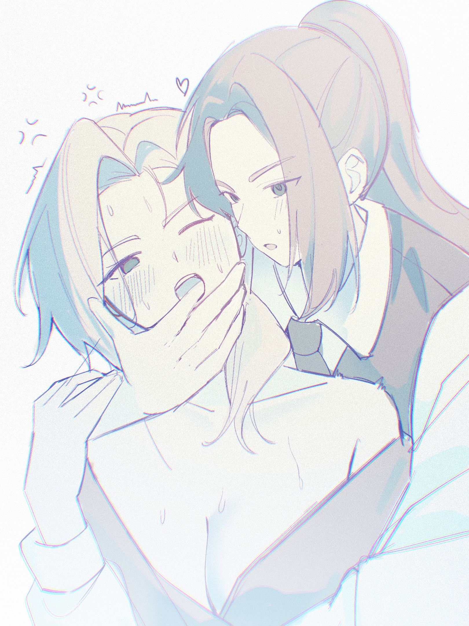 awsj7858, luye (the legend of luoxiaohei), luo xiaohei zhanji, commentary request, highres, 1boy, 1girl, bare shoulders, black hair, black necktie, black vest, blush, breasts, cleavage, collared shirt, finger in another's mouth, grey hair, heart, long sleeves, necktie, one eye closed, ponytail, shirt, sweat, vest, white background, white shirt, wuxian (the legend of luo xiaohei)