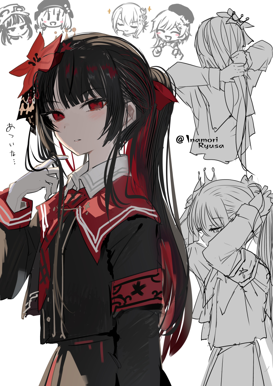 inamori ryusa, hasumi leia, jogasaki noah, kurobe nanoka, nikaido hiro, sakuraba ema, mahou shoujo no majo saiban, commentary request, highres, 1girl, alternate hairstyle, arms behind head, black hair, black skirt, chibi, chibi inset, empty eyes, flower, hair flower, hair ornament, hand up, holding, holding own hair, long hair, long sleeves, looking at viewer, multiple views, necktie, parted lips, ponytail, red eyes, red flower, red necktie, simple background, skirt, tying hair, white background