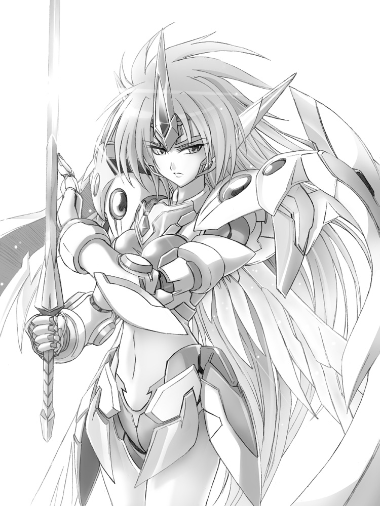 eblmeka, valsione, banpresto, super robot wars, super robot wars original generation, super robot wars the lord of elemental, bad id, bad pixiv id, 1girl, female focus, greyscale, long hair, mecha, monochrome, robot, solo, sword, very long hair, weapon