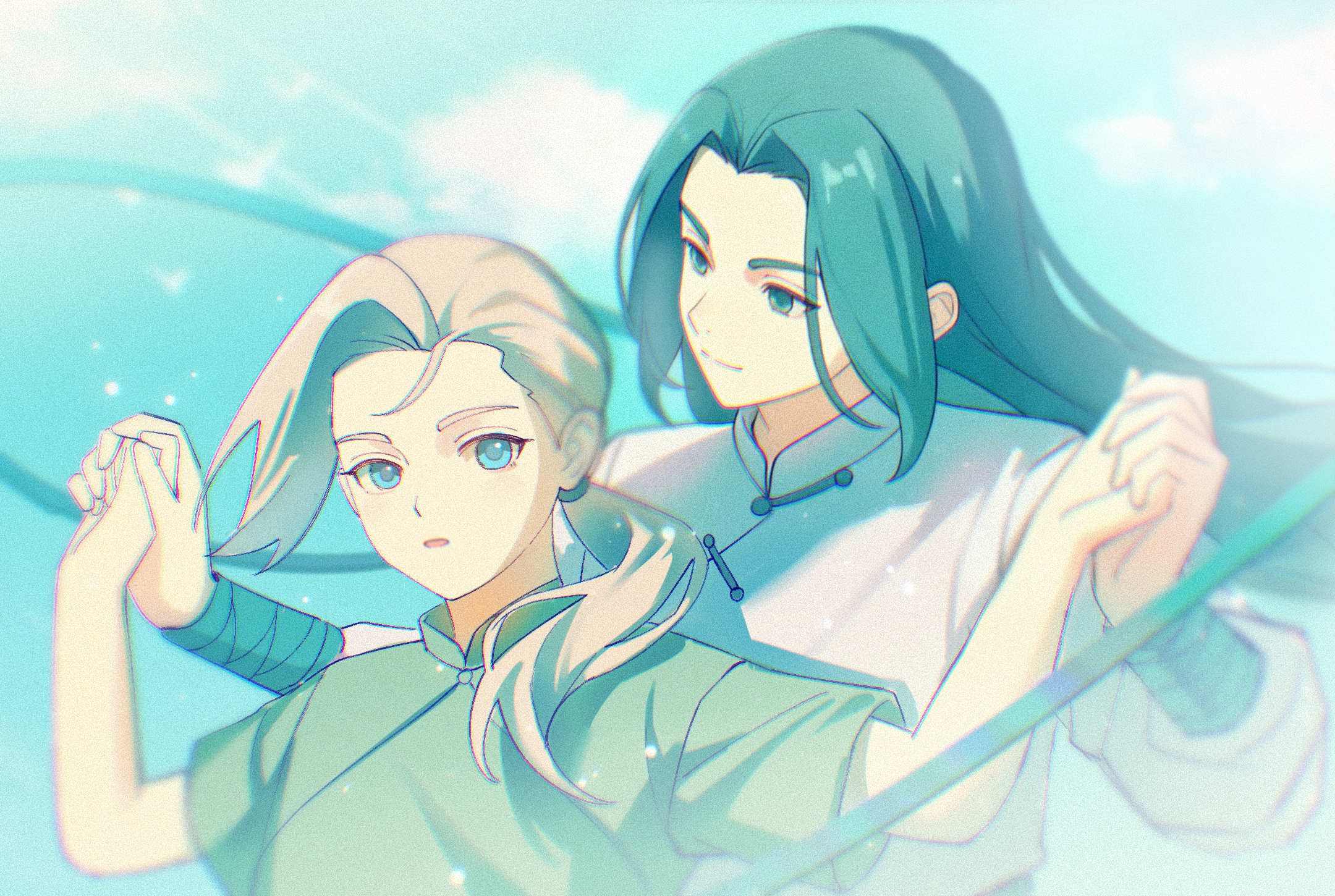 awsj7858, luye (the legend of luoxiaohei), luo xiaohei zhanji, commentary request, highres, 1boy, 1girl, aqua eyes, black hair, blue eyes, blue sky, blue theme, chinese clothes, cloud, cloudy sky, grey hair, holding hands, long hair, long sleeves, looking at viewer, parted lips, ponytail, shadow, short sleeves, sky, smile, upper body, wuxian (the legend of luo xiaohei)