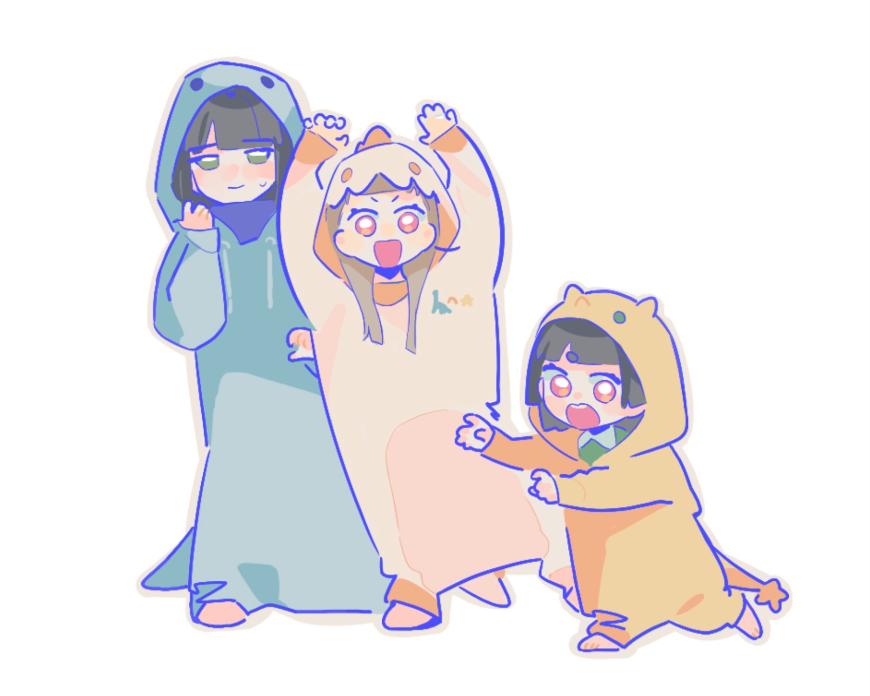 pipi (m1x mix), kachimachi kosuzu, momose ginko, link! like! love live!, love live!, commentary, highres, symbol-only commentary, 3girls, arms up, black hair, blunt bangs, bob cut, brown hair, claw pose, collared shirt, dinosaur costume, family, green eyes, green shirt, long hair, mother and daughter, multiple girls, open mouth, pink eyes, shirt, short eyebrows, short hair, simple background, sweatdrop, v-shaped eyebrows, virtual youtuber, white background, wife and wife