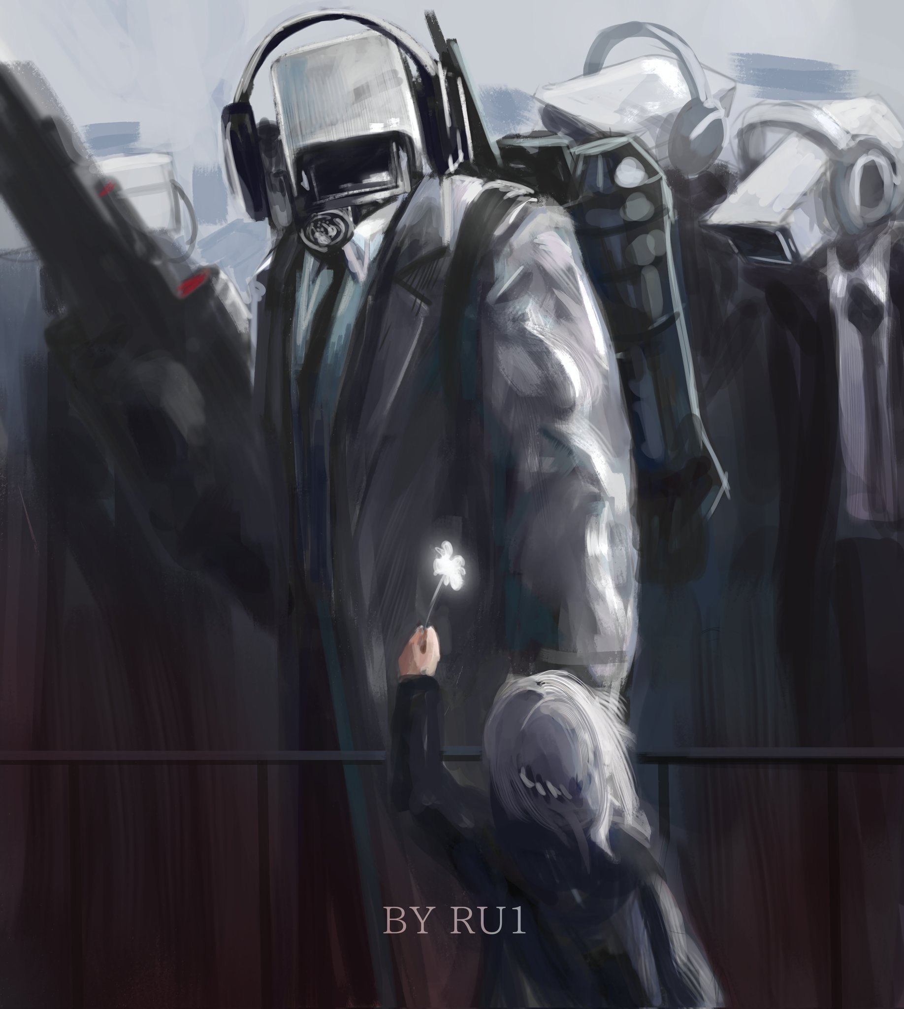 skibidi toilet (series), commentary, english commentary, highres, 1girl, 4boys, artist name, black necktie, camera man (character), cloud ruan99543, energy gun, flashlight, flower, giving flower, gun, headphones, holding, holding gun, holding weapon, jetpack, laser rifle, long coat, looking at another, multiple boys, necktie, object head, security camera, shirt, weapon, white flower, white shirt