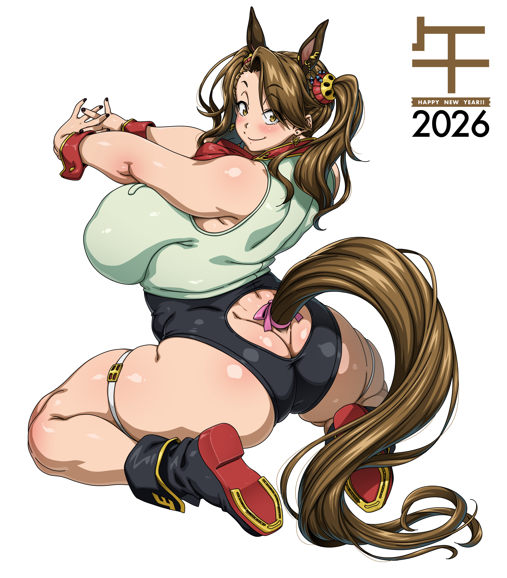 jun (rojiura jack), sazaki kaoruko, gundam, gundam build fighters, gundam build fighters try, highres, 2026, adapted costume, animal ears, ass, asymmetrical bangs, black boots, boots, breasts, chinese zodiac, full body, horse ears, horse tail, horseshoe, huge ass, huge breasts, kneeling, leotard, looking at viewer, simple background, skindentation, sleeveless, smile, solo, stretching, tail, thick thighs, thigh strap, thighs, twintails, white background