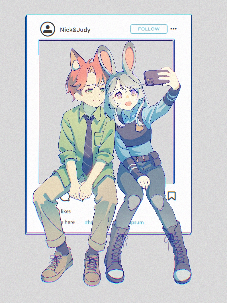 awsj7858, judy hopps, nick wilde, zootopia, commentary request, 1boy, 1girl, animal ears, black boots, black necktie, black pants, blue shirt, boots, brown shoes, collared shirt, fox boy, fox ears, green eyes, green shirt, grey hair, grey pants, humanization, long hair, necktie, open mouth, orange hair, pants, police, police uniform, policewoman, purple eyes, rabbit ears, rabbit girl, selfie, shirt, shoes, short hair, sitting, smile