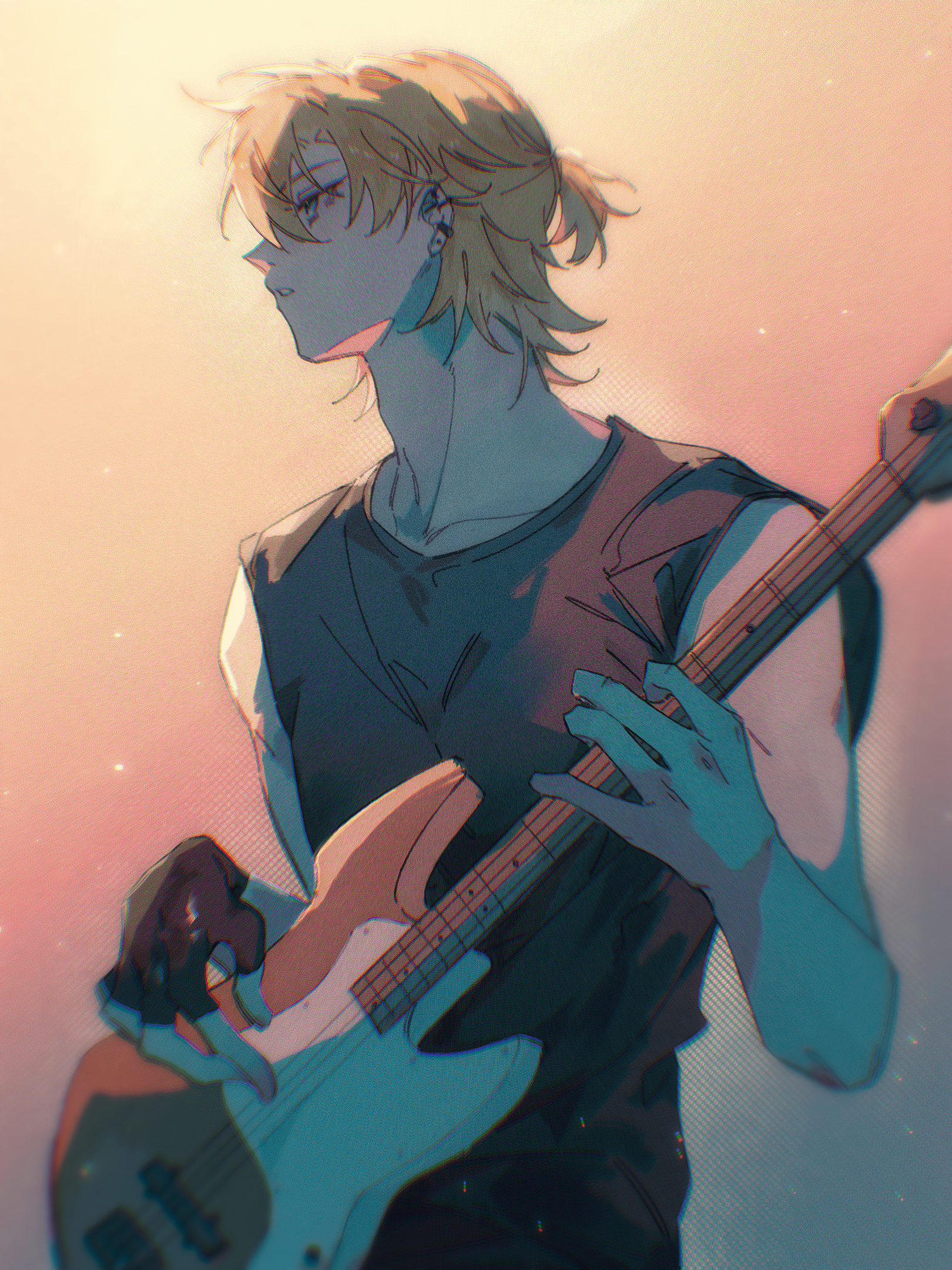 xixidong57237, whitney (degrees of lewdity), whitney (male) (degrees of lewdity), degrees of lewdity, highres, 1boy, backlighting, bare arms, bass guitar, ben-day dots, black gloves, black tank top, blonde hair, blue eyes, blurry, chromatic aberration, earrings, expressionless, fingerless gloves, gloves, gradient background, hair over one eye, half updo, holding, holding bass guitar, holding instrument, hoop earrings, instrument, jewelry, light particles, male focus, multiple earrings, orange background, parted bangs, parted lips, ponytail, screentones, short hair, short ponytail, solo, stud earrings, tank top, upper body, yellow background