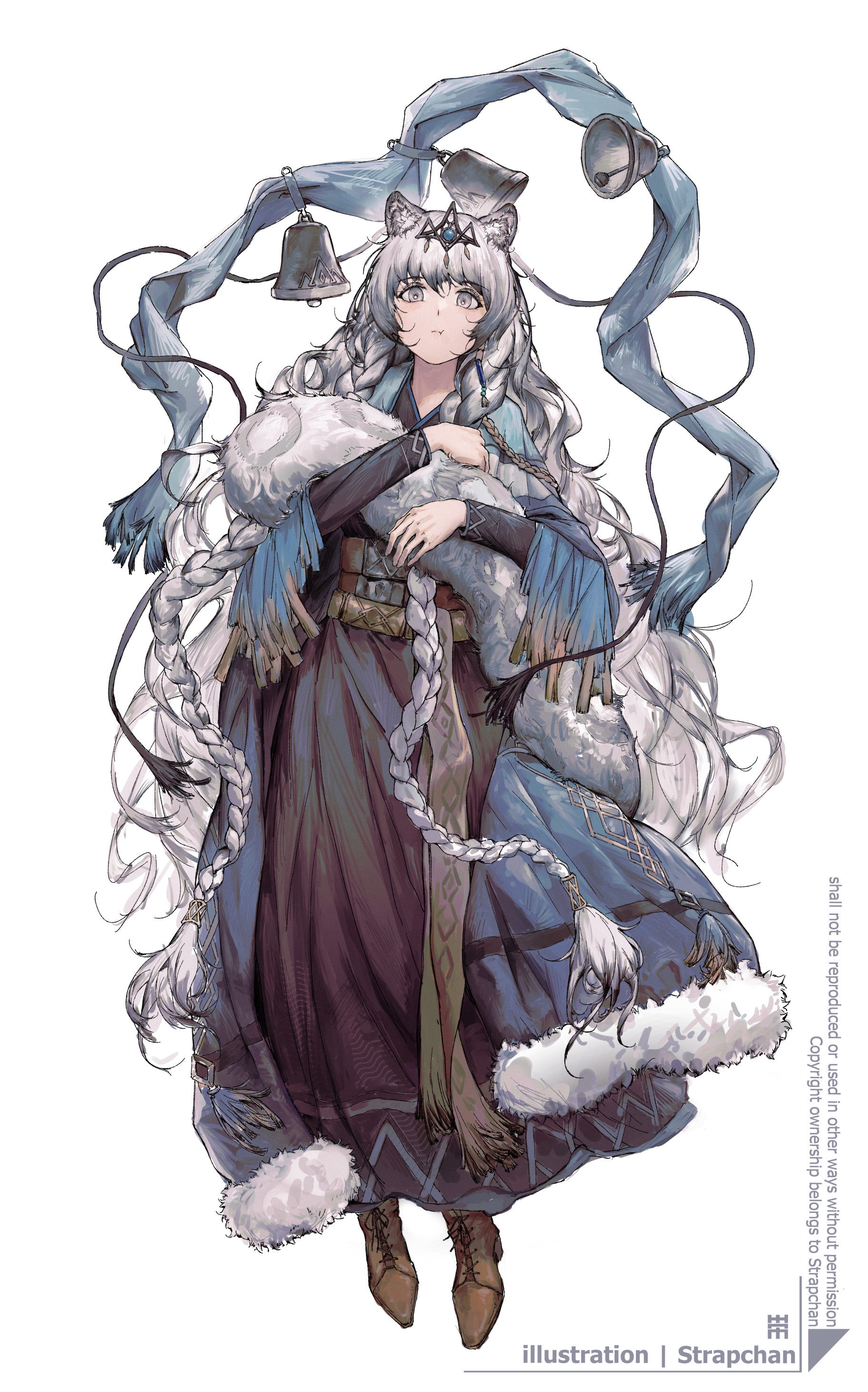 pramanix (arknights), pramanix the prerita (arknights), arknights, absurdres, commentary request, highres, 1girl, :t, animal ear fluff, bell, braid, brown shoes, floating scarf, full body, fur trim, grey eyes, grey hair, holding own tail, long braid, long hair, looking at viewer, scarf, shoelaces, shoes, simple background, snow leopard ears, snow leopard girl, snow leopard tail, solo, tail, tiara, tibetan clothes, twin braids, very long hair, white background, xiashuidai