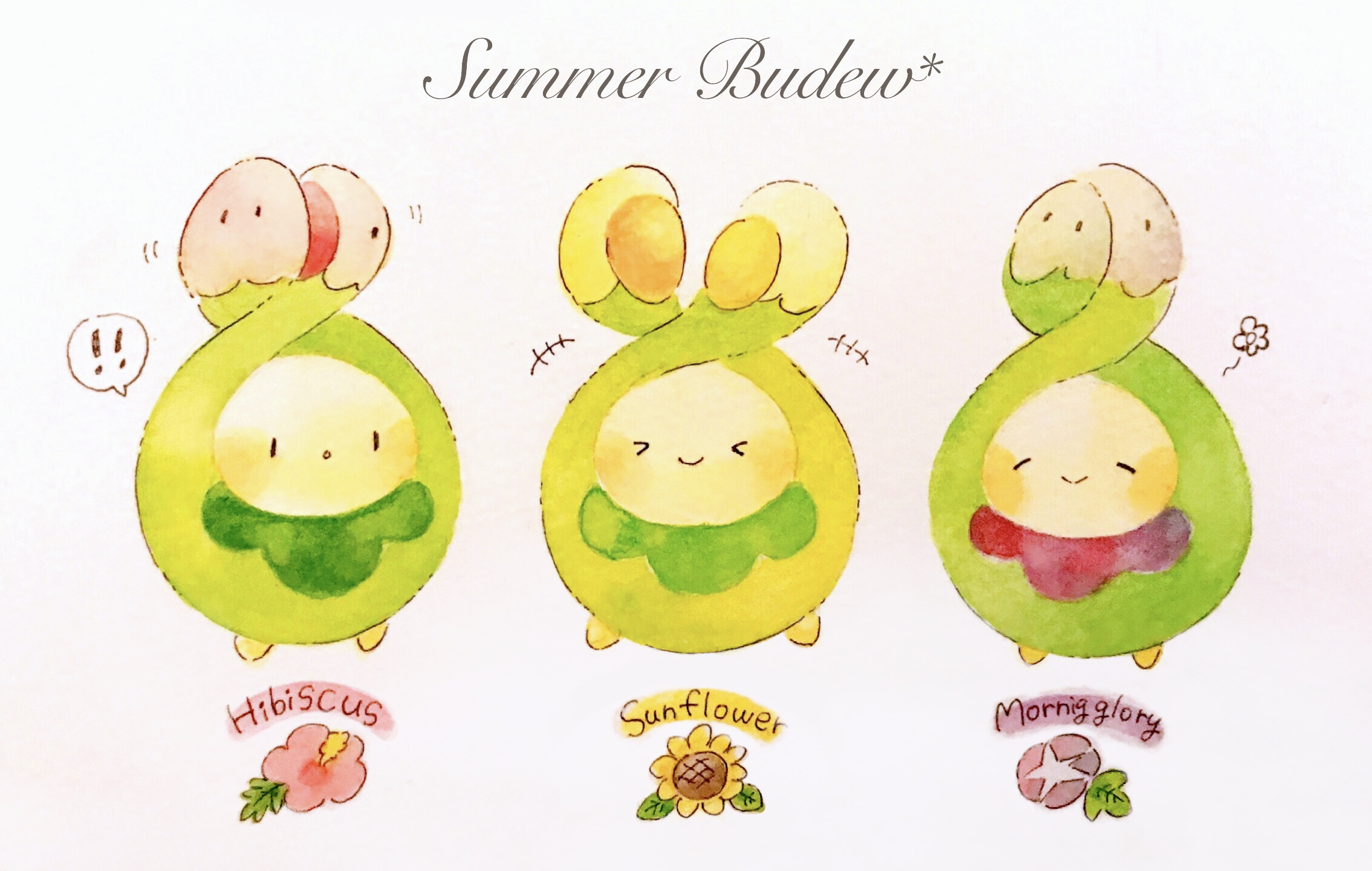 yukichi 0611, budew, nintendo, pokemon, commentary request, highres, painting (medium), traditional media, watercolor (medium), !, !!, > <, closed mouth, english text, flower, gen 4 pokemon, hibiscus, morning glory, no humans, pokemon (creature), simple background, smile, spoken exclamation mark, sunflower, variations