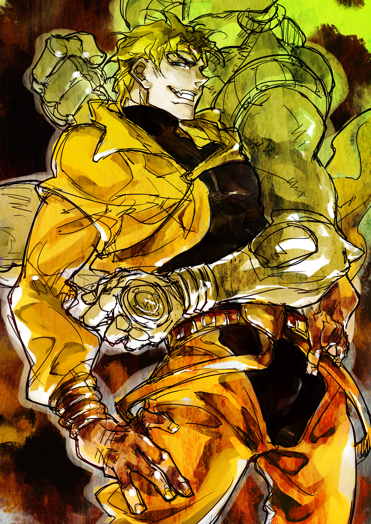 seyo, dio brando, the world (stand), jojo no kimyou na bouken, highres, 1boy, belt, blonde hair, clenched hand, fang, green eyes, grin, headband, heart, jacket, male focus, muscular, sketch, smile, stand (jojo), teeth, vampire, yellow jacket, yellow theme
