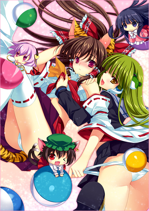 riv (rivleaf), chen, hakurei reimu, houraisan kaguya, kochiya sanae, komeiji satori, touhou, 5girls, alternate costume, animal ears, ball, cat ears, cat girl, cat tail, censored, chibi, contemporary, convenient censoring, female focus, mini person, minigirl, multiple girls, one eye closed, panties, panty pull, sarashi, school uniform, tail, thighhighs, underwear, white panties, wink