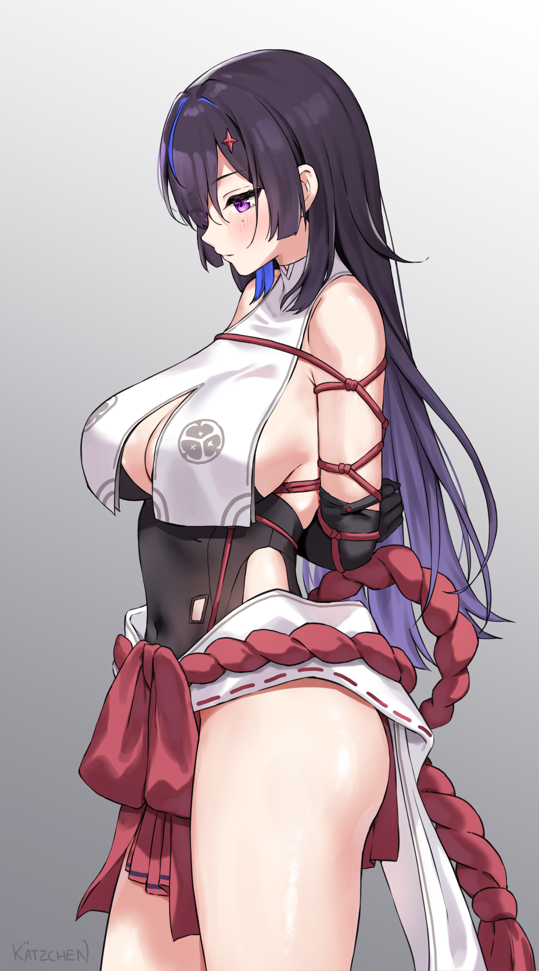 kaetzchen, chizuru (chaos zero nightmare), chaos zero nightmare, commentary, highres, 1girl, arms behind back, bare shoulders, black gloves, black hair, black leotard, breast curtains, breasts, cleavage, clothing cutout, covered navel, cowboy shot, elbow gloves, from side, gloves, gradient background, hair ornament, large breasts, leotard, long hair, miniskirt, mole, mole under eye, multicolored hair, purple eyes, red skirt, rope, shibari, shibari over clothes, shimenawa, side cutout, skirt, solo, standing, star (symbol), star hair ornament, streaked hair, thighs, white background