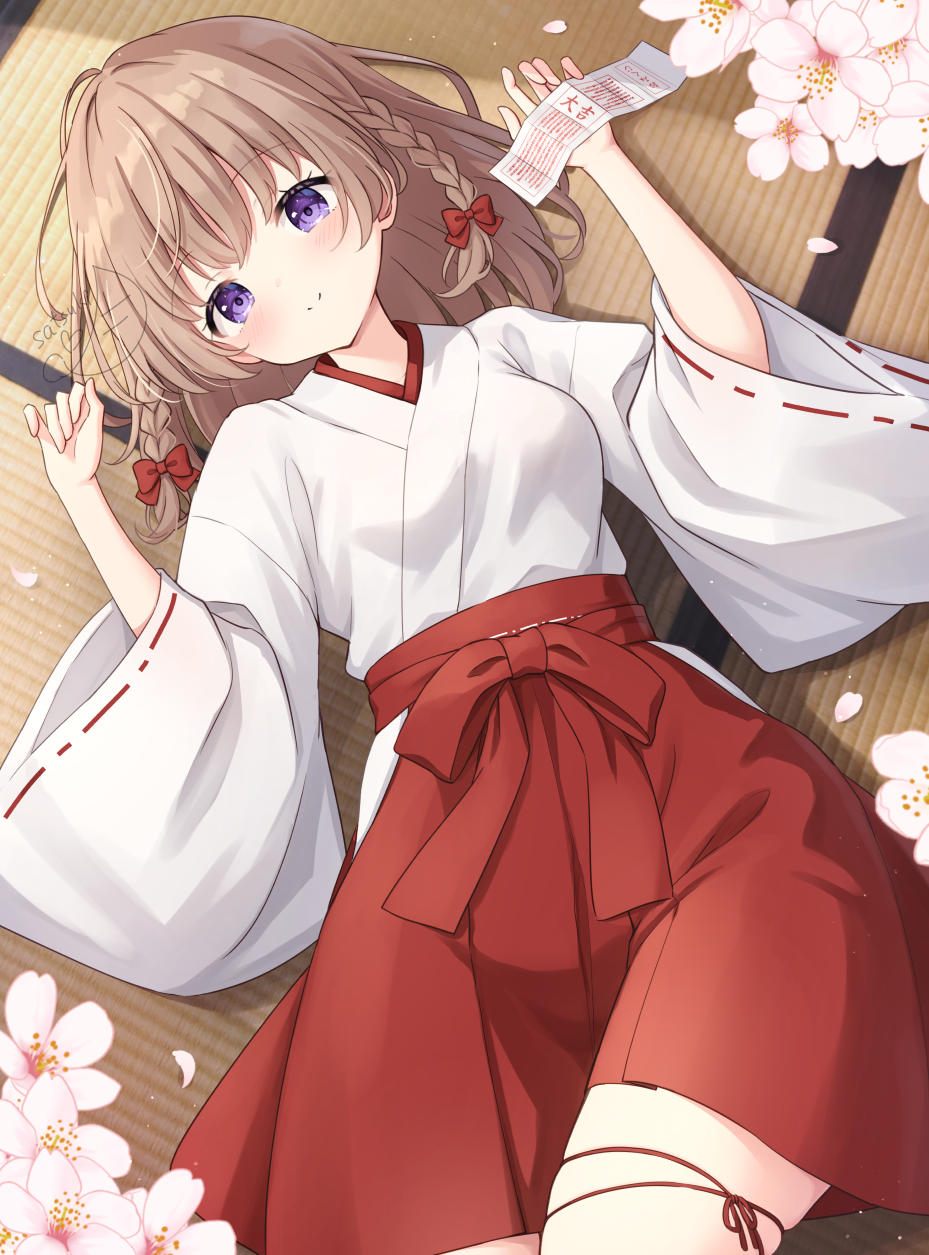 hanazora satsuki, koharu (hanazora satsuki), original, commentary request, highres, making-of available, 1girl, artist name, bow, braid, brown hair, cherry blossoms, choppy bangs, closed mouth, cowboy shot, flower, furisode sleeves, hair bow, hakama, hakama short skirt, hakama skirt, hands up, holding, holding omikuji, japanese clothes, kosode, looking at viewer, lying, medium hair, nontraditional miko, omikuji, on back, on floor, petals, pink flower, purple eyes, red bow, red skirt, side braids, skirt, smile, solo, split mouth, tatami, watermark, white flower