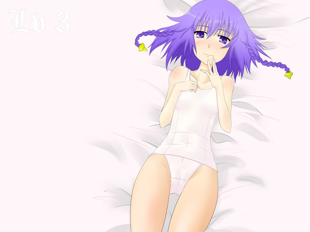zaki (artist), tilia (ar tonelico), ar tonelico, ar tonelico iii, gust, 1girl, alternate costume, bare shoulders, bed sheet, blush, braid, cameltoe, female focus, flat chest, hair ornament, lying, one-piece swimsuit, purple eyes, purple hair, school swimsuit, short hair, smile, solo, swimsuit, twin braids, white one-piece swimsuit, white school swimsuit