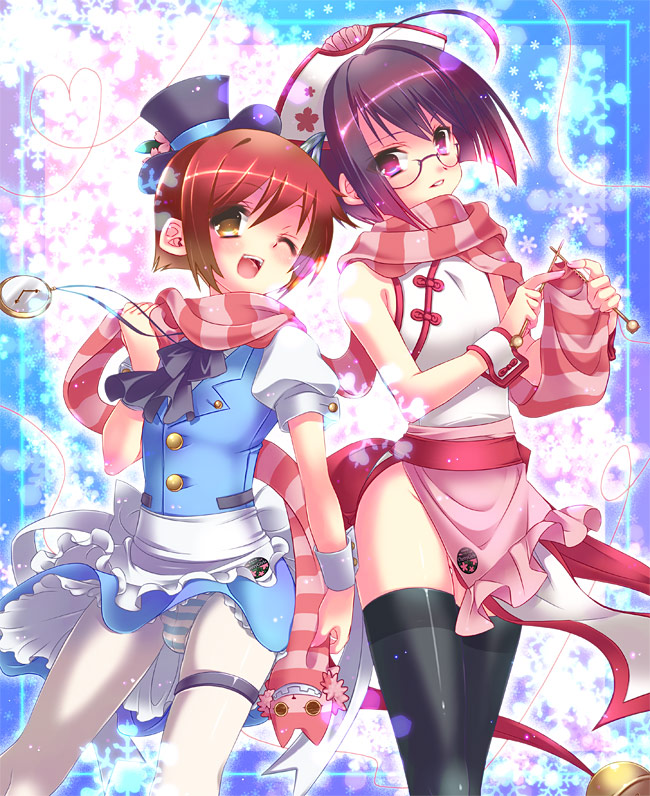 rio (otosuki), tomo (otosuki), otoko no ko wa meido fuku ga osuki!?, 1boy, 1girl, ahoge, bulge, crossdressing, glasses, panties, panties under pantyhose, pantyhose, pantyshot, red hair, scarf, shota, thighhighs, trap, underwear, white pantyhose