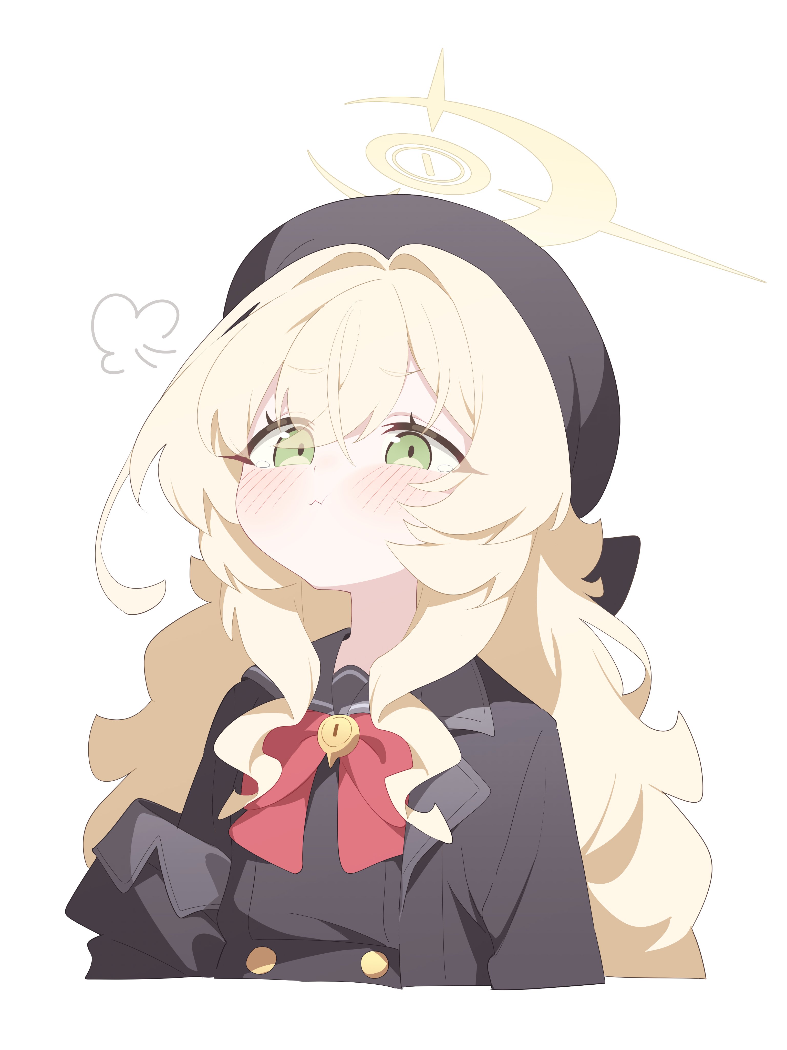 honi (honi1010), professor niyaniya (blue archive), blue archive, absurdres, commentary, highres, symbol-only commentary, 1girl, :t, black coat, black hat, black serafuku, blonde hair, buttons, coat, furrowed brow, green eyes, halo, hat, long hair, neck ribbon, ribbon, school uniform, serafuku, side ahoge, simple background, solo, tears, upper body, white background, yellow halo