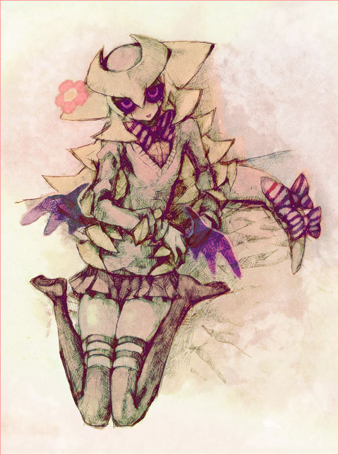 kantarou (8kan), giratina, giratina (altered), nintendo, pokemon, pokemon dppt, costume, source request, 00s, 1girl, alternate form, black sclera, blonde hair, bow, colored sclera, colored skin, female focus, flower, gen 4 pokemon, grey skin, legendary pokemon, personification, red eyes, skirt, solo, thighhighs