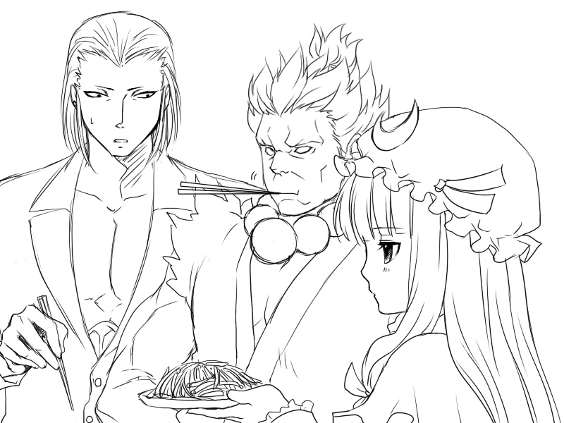 esaka, akuma (street fighter), magaki (kof), patchouli knowledge, capcom, m.u.g.e.n, snk, street fighter, the king of fighters, touhou, bad id, bad pixiv id, 1girl, 2boys, bean sprout, crossover, eating, greyscale, monochrome, multiple boys, you're doing it wrong