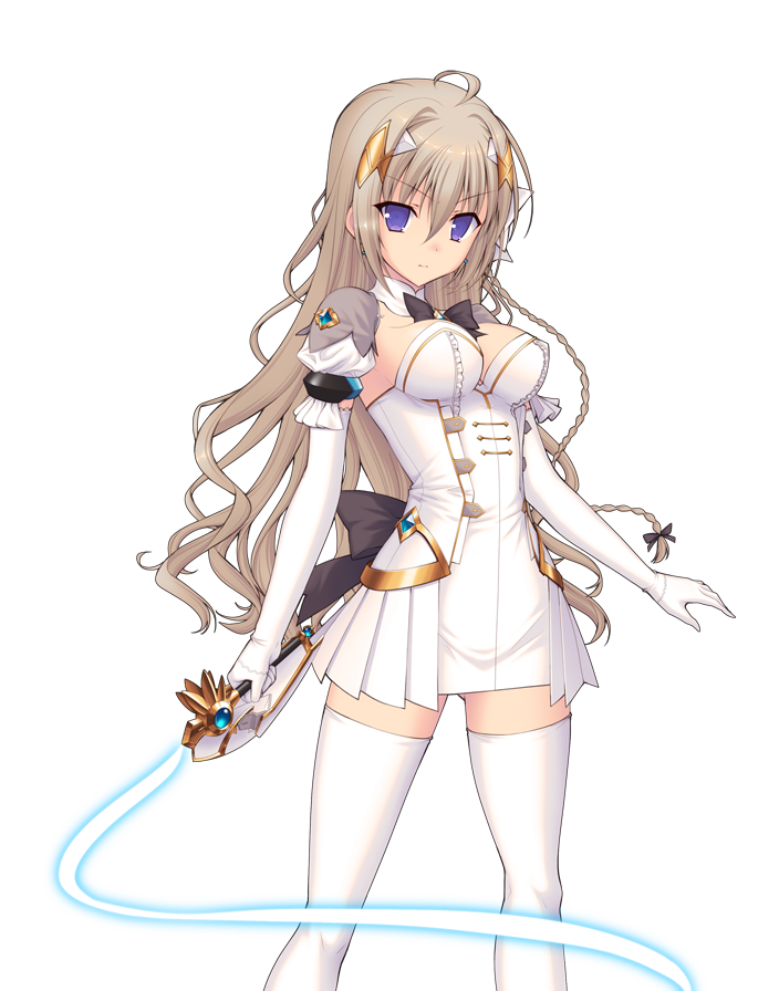 yuugure pairo, sacred claire, tierna aeride throne, genseishinki sacred virth, game cg, large variant set, non-web source, official art, variant set, 1girl, ahoge, black bow, blue eyes, bow, bowtie, braid, breasts, brown hair, cleavage, detached collar, dress, elbow gloves, energy sword, gloves, glowing, glowing sword, glowing weapon, hair ornament, holding, holding ribbon baton, holding weapon, long hair, looking at viewer, magical girl, pleated dress, puffy short sleeves, puffy sleeves, purple eyes, ribbon, ribbon baton, short dress, short sleeves, solo, standing, sword, thighhighs, transparent background, wavy hair, weapon, white dress, white gloves, white thighhighs, zettai ryouiki