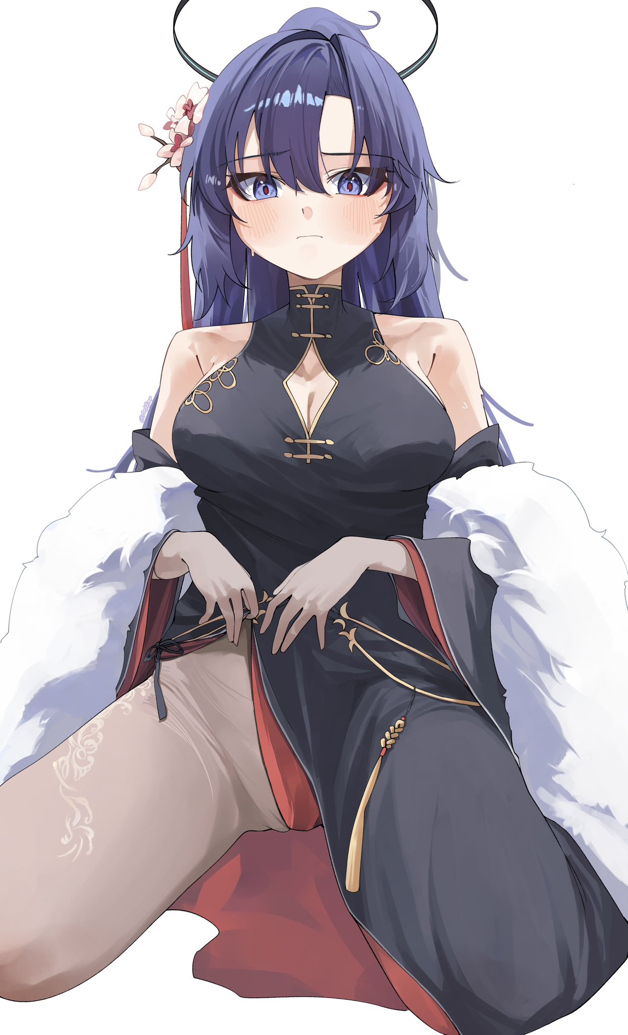 freshbeef, yuuka (blue archive), blue archive, highres, 1girl, bare shoulders, black dress, blush, breasts, china dress, chinese clothes, cleavage, cleavage cutout, closed mouth, clothes lift, clothing cutout, diamond cutout, dress, dress lift, feather boa, flower, hair flower, hair ornament, halo, kneeling, large breasts, long hair, looking at viewer, mechanical halo, official alternate costume, pantyhose, ponytail, purple eyes, purple hair, simple background, solo, white background