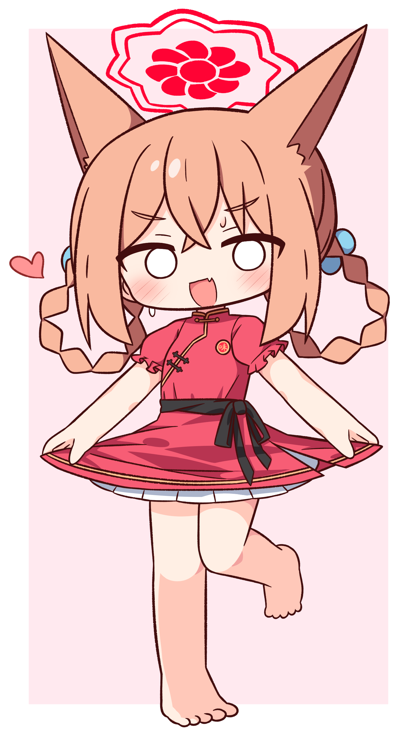 hana kazari, rumi (blue archive), rumi (small) (blue archive), blue archive, absurdres, commentary request, highres, 1girl, :d, animal ears, bare legs, barefoot, blush, border, braid, braided hair rings, crossed bangs, double-parted bangs, dress, fang, fox ears, fox girl, frilled dress, frills, full body, hair between eyes, hair rings, halo, heart, looking at viewer, medium hair, o o, open mouth, orange hair, outside border, pink background, red dress, red halo, short sleeves, simple background, skin fang, smile, solo, standing, white border