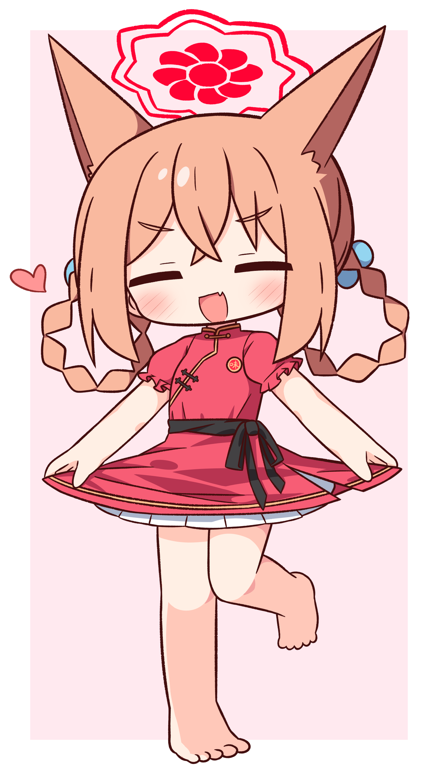 hana kazari, rumi (blue archive), rumi (small) (blue archive), blue archive, absurdres, commentary request, highres, 1girl, :d, animal ears, bare legs, barefoot, blush, border, braid, braided hair rings, closed eyes, crossed bangs, double-parted bangs, dress, facing viewer, fang, fox ears, fox girl, frilled dress, frills, full body, hair between eyes, hair rings, halo, heart, medium hair, open mouth, orange hair, outside border, pink background, red dress, red halo, short sleeves, simple background, skin fang, smile, solo, standing, white border
