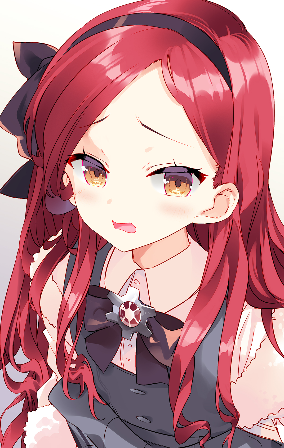 arikawa satoru, takane (blue archive), blue archive, commentary request, highres, 1girl, black ribbon, blush, coat, fur trim, headband, long hair, looking at viewer, red hair, ribbon, school uniform, shirt, skirt, solo, very long hair, white background, winter uniform, yellow eyes