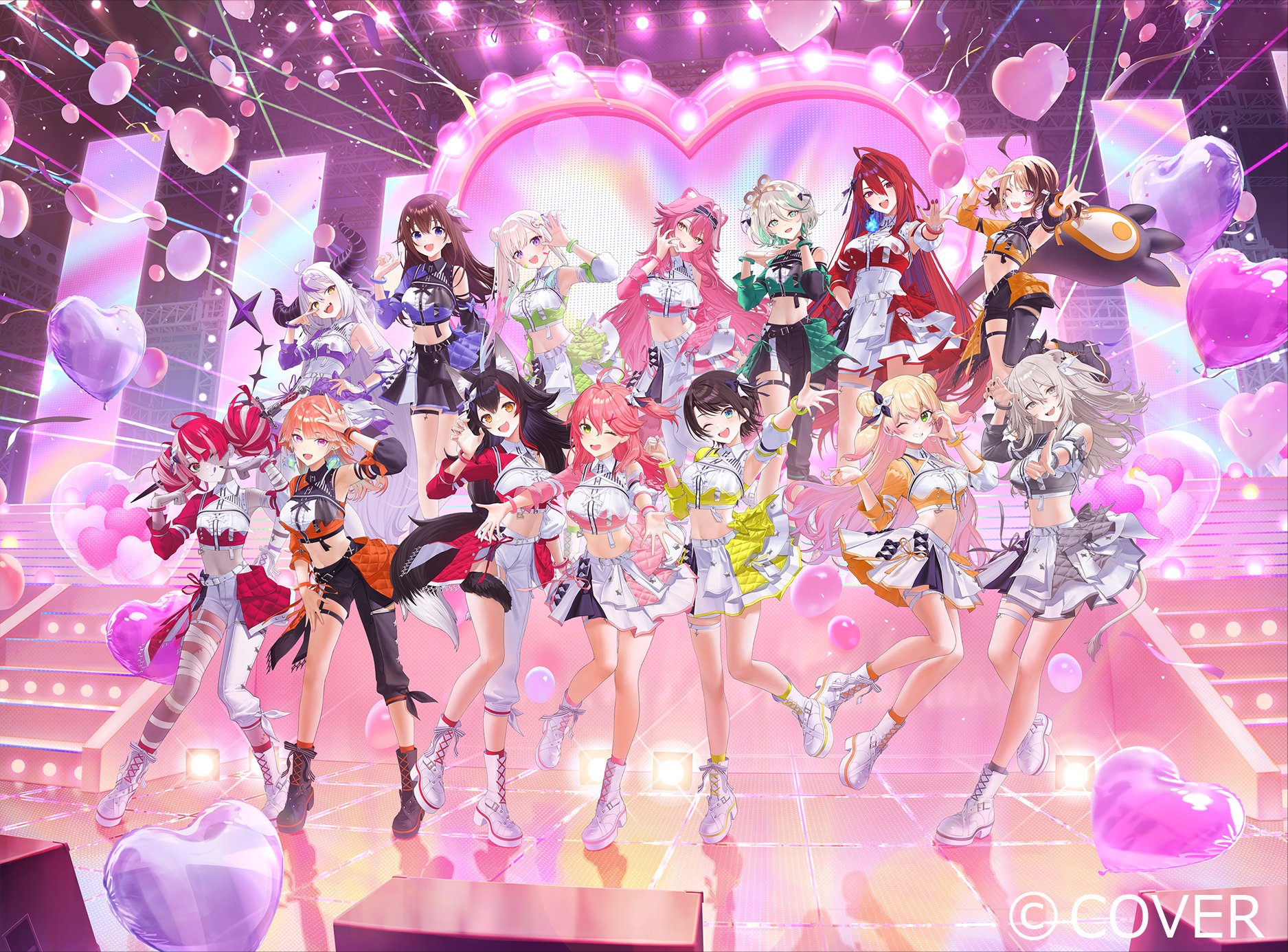 kaoruko (unkrk55), matumasima, airani iofifteen, cecilia immergreen, elizabeth rose bloodflame, gigi murin, kureiji ollie, la+ darknesss, momosuzu nene, ookami mio, oozora subaru, raora panthera, sakura miko, shishiro botan, takanashi kiara, tokino sora, holojustice, hololive, hololive english, hololive indonesia, commentary request, highres, official art, 6+girls, ahoge, animal ears, asymmetrical clothes, asymmetrical sleeves, balloon, bandaged leg, bandages, black pants, black shirt, black skirt, black tail, boots, breasts, collared shirt, color-coded, company name, concert, copyright notice, cropped shirt, demon horns, detached sleeves, doll joints, full body, heart balloon, hololive idol uniform (color rise), horns, huge ahoge, huge horns, idol, idol clothes, ino seisaku, joints, lace-up boots, large breasts, lion ears, lion girl, lion tail, long hair, looking at viewer, midriff, miniskirt, mismatched sleeves, multicolored shirt, multiple girls, navel, official alternate costume, panther ears, panther girl, panther tail, pants, patchwork skin, platform boots, puffy detached sleeves, puffy short sleeves, puffy sleeves, shirt, short hair, short sleeves, single detached sleeve, single pantsleg, single sleeve, skirt, small breasts, stage, standing, stitches, tail, very long hair, virtual youtuber, white skirt, winding key, wolf ears, wolf girl, wolf tail, zombie