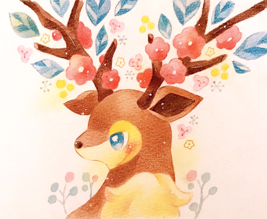 yukichi 0611, sawsbuck, sawsbuck (spring), nintendo, pokemon, colored pencil (medium), commentary request, painting (medium), traditional media, watercolor (medium), animal focus, blue eyes, blush, bright pupils, gen 5 pokemon, no humans, pokemon (creature), solo, white background, white pupils