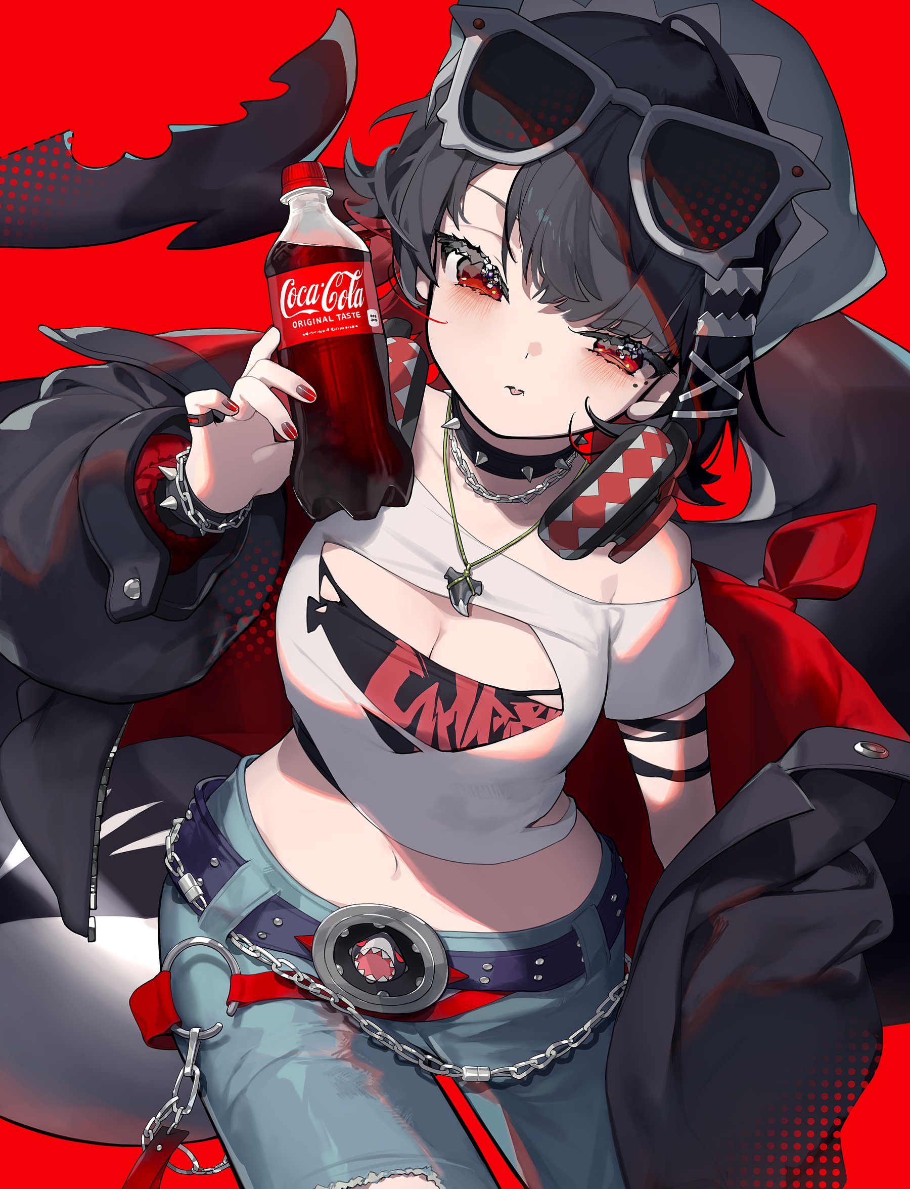 karo (karohroka), ellen joe, coca-cola, zenless zone zero, commentary request, highres, 1girl, belt, black hair, black jacket, bottle, breasts, choker, cleavage, crop top, denim, eyewear on head, fins, fish tail, guest art, headphones, headphones around neck, holding, holding bottle, jacket, jeans, jewelry, looking at viewer, medium breasts, midriff, mole, mole under eye, nail polish, necklace, open clothes, open jacket, pants, red background, red eyes, red hair, red nails, shark girl, shark tail, shirt, simple background, soda bottle, spiked choker, spikes, tail, torn clothes, torn jeans, torn pants, torn shirt