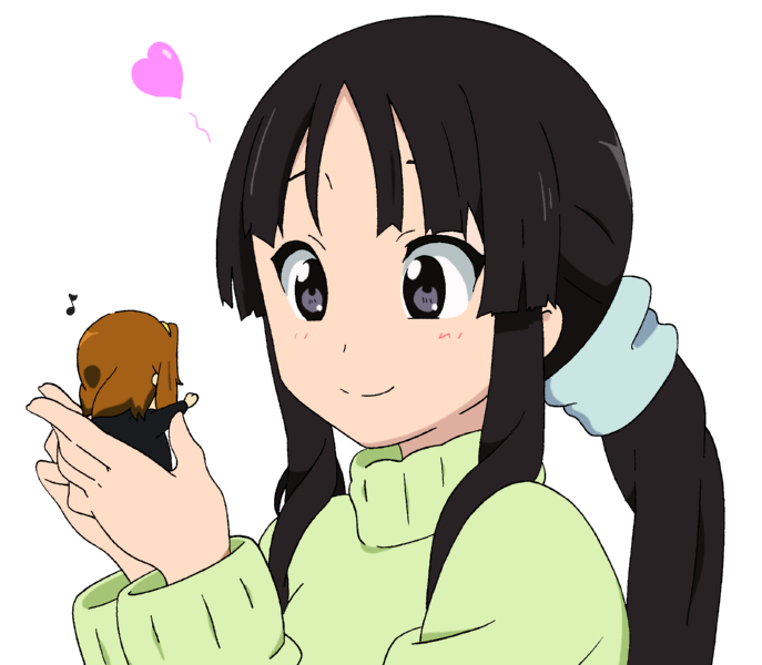 32r, akiyama mio, tainaka ritsu, k-on!, bad id, bad pixiv id, 2girls, alternate hairstyle, black eyes, black hair, chibi, long hair, mini person, minigirl, multiple girls, ponytail, sweater