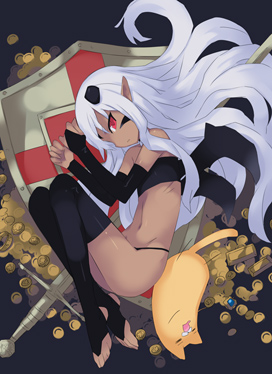 usatsuka eiji, maou (oomune maou-sama), nyanjirou, oomune maou-sama no hon, original, lowres, 1girl, bat wings, black panties, black thighhighs, bridal gauntlets, cat, coin, dark skin, demon, demon girl, demon wings, facial mark, fetal position, horns, loli, long hair, lying, navel, panties, pointy ears, red eyes, shield, strapless, sword, thighhighs, toeless legwear, tube top, underwear, weapon, white hair, wings