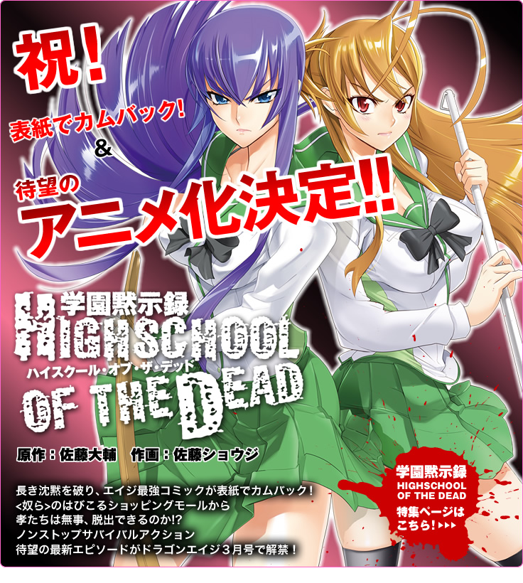 busujima saeko, miyamoto rei, highschool of the dead, non-web source, 2girls, antenna hair, blue eyes, breasts, brown hair, large breasts, long hair, multiple girls, purple hair, red eyes, school uniform, skirt, thighhighs