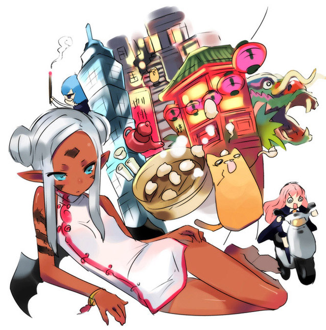 usatsuka eiji, louise francoise le blanc de la valliere, maoh, maou (oomune maou-sama), nyanjirou, tabitha (zero no tsukaima), oomune maou-sama no hon, original, zero no tsukaima, silver hair, 3girls, arm support, bat wings, blue eyes, blue hair, bracelet, cat, chibi, china dress, chinese clothes, dark-skinned female, dark skin, demon, demon girl, demon wings, double bun, dress, facial mark, forehead mark, glasses, hair bun, jewelry, lantern, long legs, lying, multiple girls, pink hair, pointy ears, single hair bun, sleeveless, tattoo, thigh gap, thighs, wings