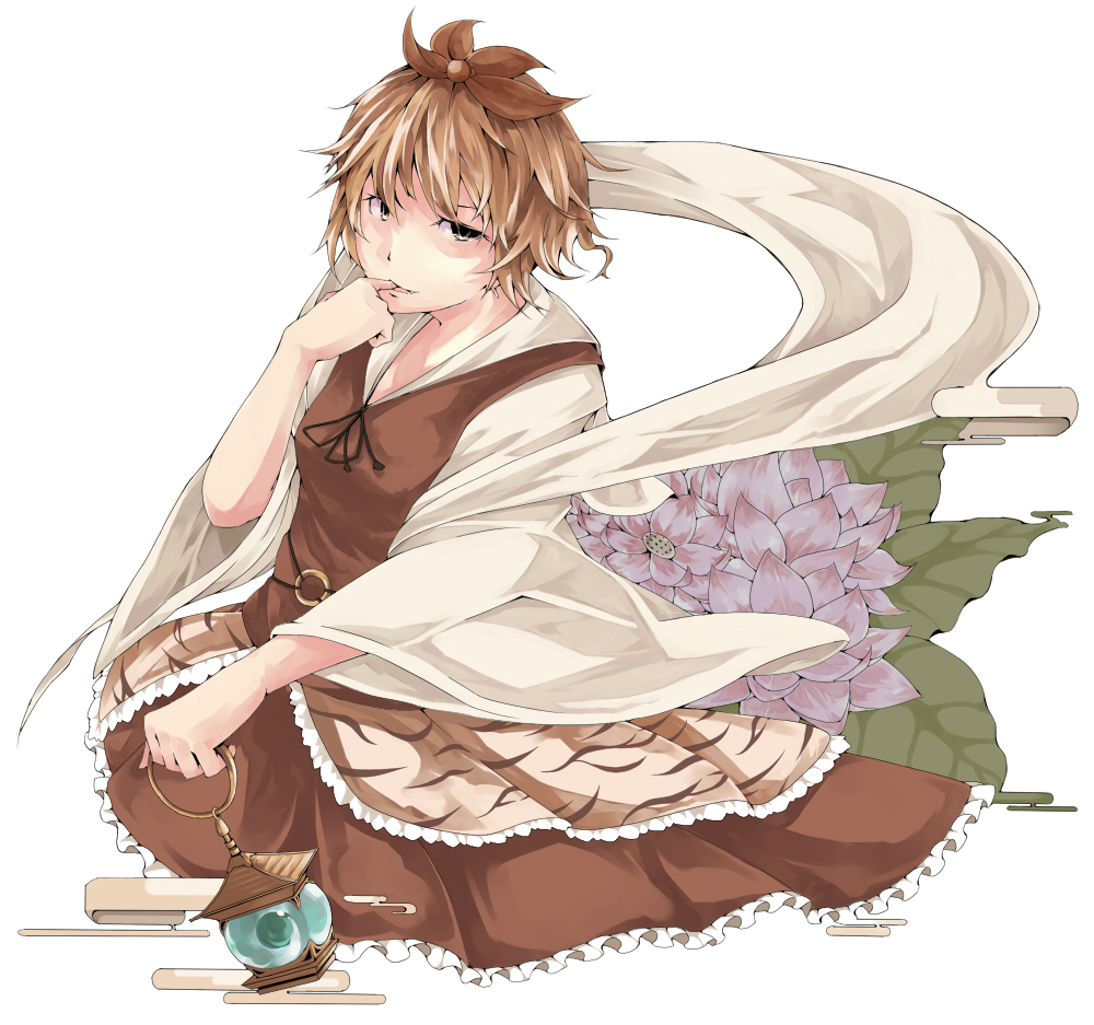 tami (nekoneto), toramaru shou, touhou, 1girl, bishamonten's pagoda, blonde hair, female focus, hair ornament, shawl, short hair, simple background, solo, white background, yellow eyes