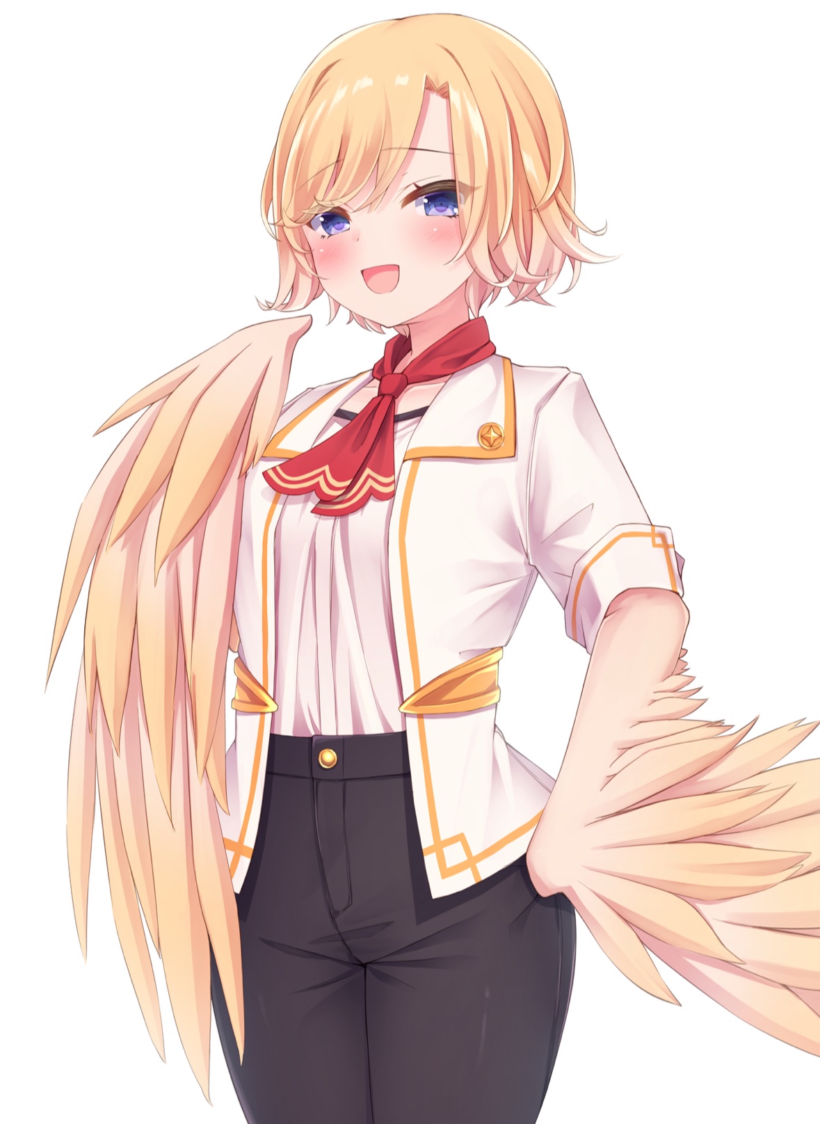 kulori, mavia (vtuber), indie virtual youtuber, commentary, english commentary, highres, second-party source, 1girl, black pants, blonde hair, blue eyes, blush, feathered wings, harpy, jacket, monster girl, neckerchief, open clothes, open jacket, open mouth, pants, red neckerchief, shirt, short hair, smile, solo, virtual youtuber, white background, white jacket, white shirt, wings, yellow wings