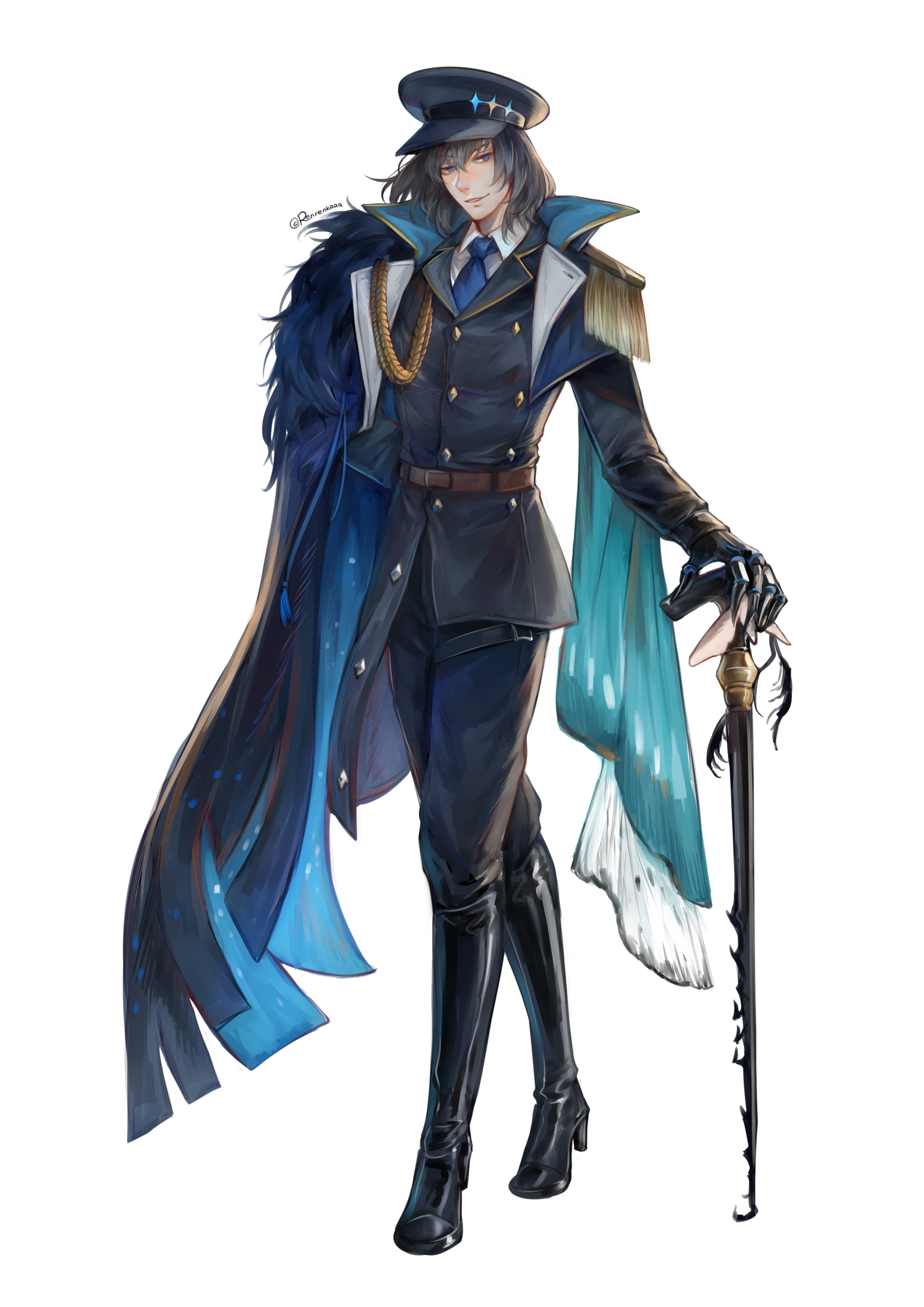 renrenka noi, oberon (fate), oberon (third ascension) (fate), fate/grand order, fate (series), absurdres, commentary, english commentary, highres, 1boy, alternate costume, black boots, black coat, blue eyes, boots, cane, coat, epaulettes, full body, hat, high collar, holding, holding cane, male focus, military coat, parted lips, peaked cap, solo