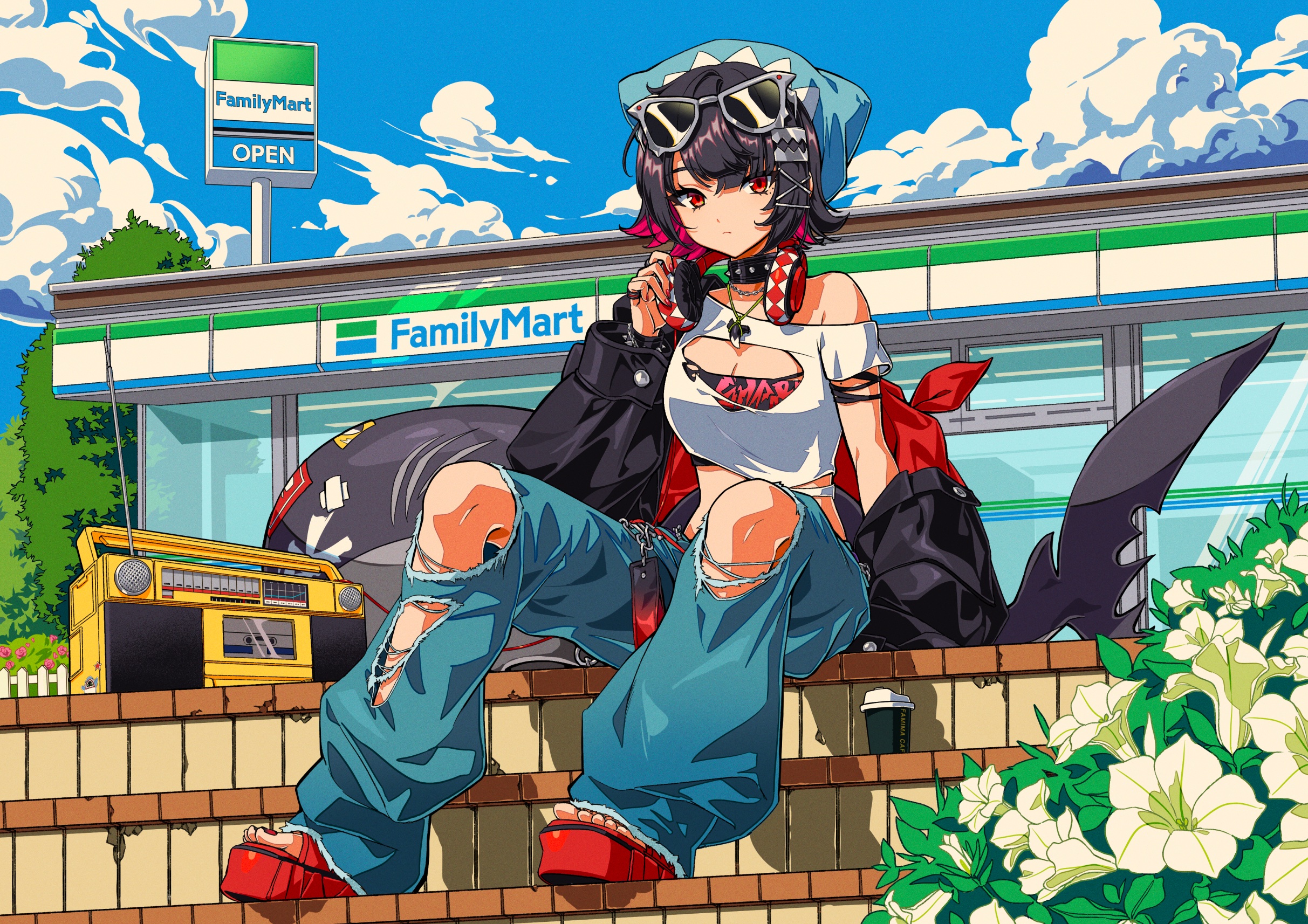 kisumi rei, ellen joe, familymart, zenless zone zero, commentary request, highres, 1girl, black hair, blue hat, breasts, closed mouth, cloud, crop top, day, denim, eyewear on head, flower, guest art, hat, jacket, jeans, jewelry, jukebox, looking at viewer, multicolored hair, nail polish, necklace, off shoulder, outdoors, pants, pink hair, red eyes, red nails, shirt, sign, sitting, sky, solo, stairs, studded choker, tail, toenail polish, toenails, torn clothes, torn jeans, torn pants, triangular headpiece, white flower