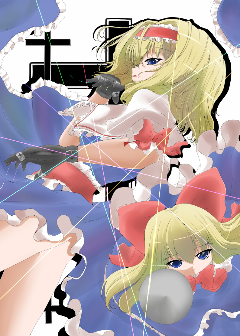 shirosuzu, alice margatroid, shanghai doll, touhou, 2girls, blonde hair, blue eyes, doll, female focus, hairband, long hair, multiple girls, short hair, solo