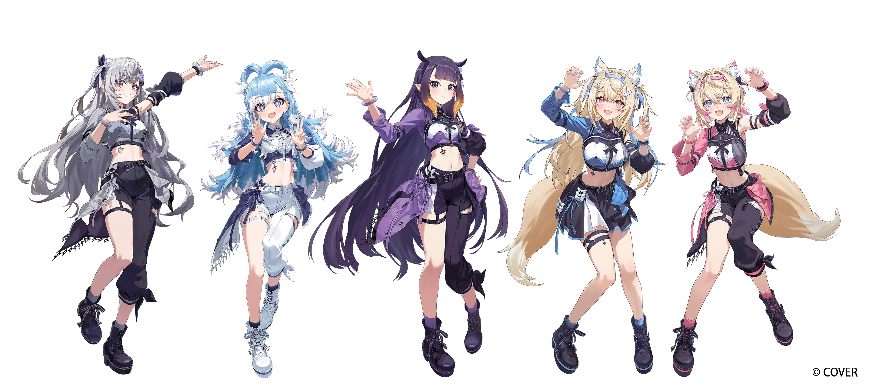 r1zen, fuwawa abyssgard, kobo kanaeru, mococo abyssgard, ninomae ina'nis, vestia zeta, hololive, hololive english, hololive indonesia, commentary request, highres, official art, 5girls, :d, animal ears, asymmetrical clothes, asymmetrical sleeves, black pants, black shirt, black skirt, boots, collared shirt, color-coded, colored tips, company name, concert, cone hair bun, copyright notice, cropped shirt, detached sleeves, dog ears, dog girl, dog tail, double bun, full body, hair bun, hololive idol uniform (color rise), idol, idol clothes, lace-up boots, long hair, looking at viewer, midriff, miniskirt, mismatched sleeves, multicolored hair, multicolored shirt, multiple girls, navel, official alternate costume, open mouth, pants, platform boots, pointy ears, puffy detached sleeves, puffy short sleeves, puffy sleeves, shirt, short hair, short sleeves, siblings, simple background, single detached sleeve, single pantsleg, single sleeve, sisters, skirt, smile, standing, tail, tentacle hair, thighhighs, twins, very long hair, virtual youtuber, wavy hair, white background, white shirt, white skirt, white thighhighs